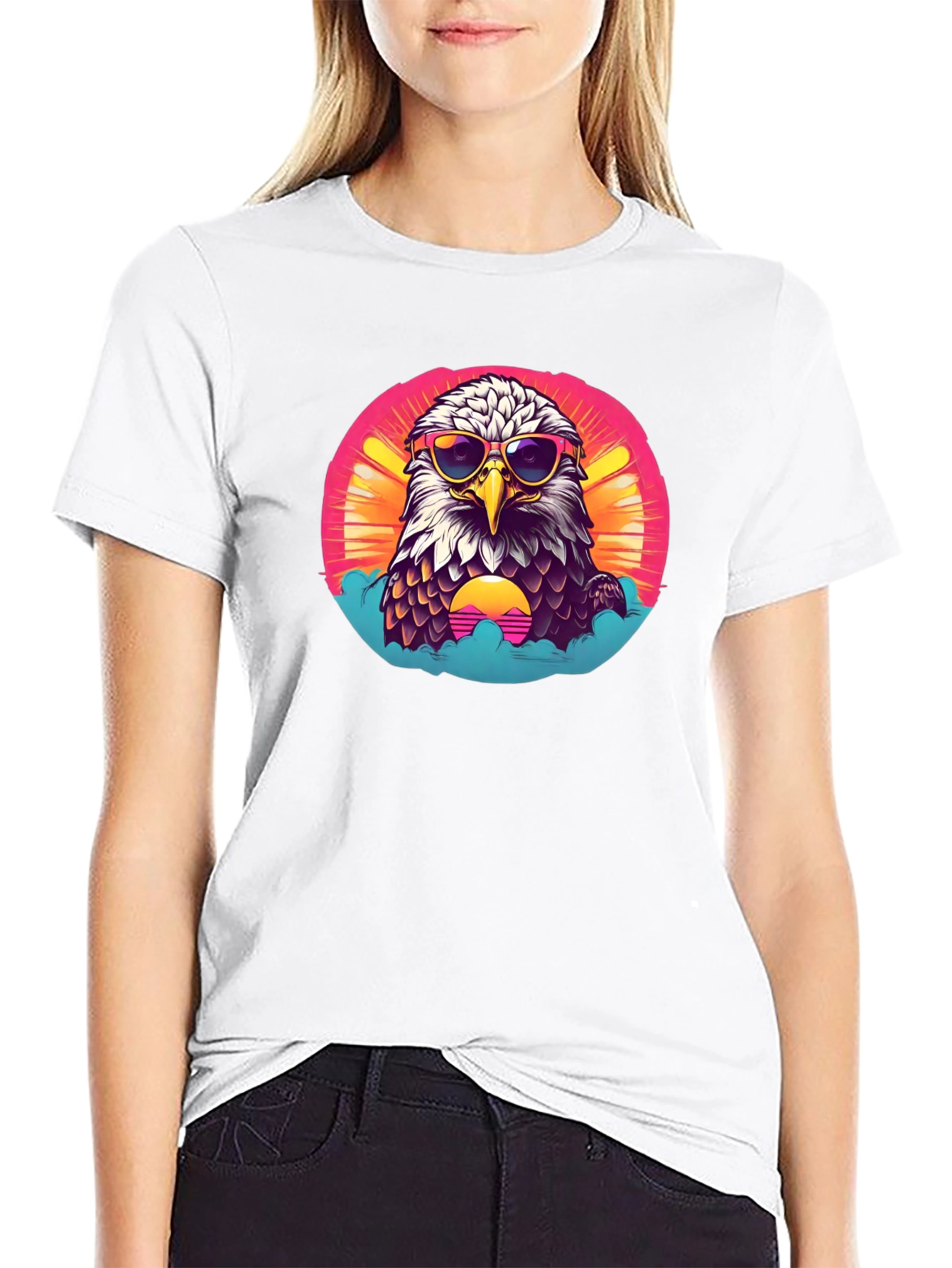 Black Cool Eagle Graphic Tee - Retro Sunset Design view 9