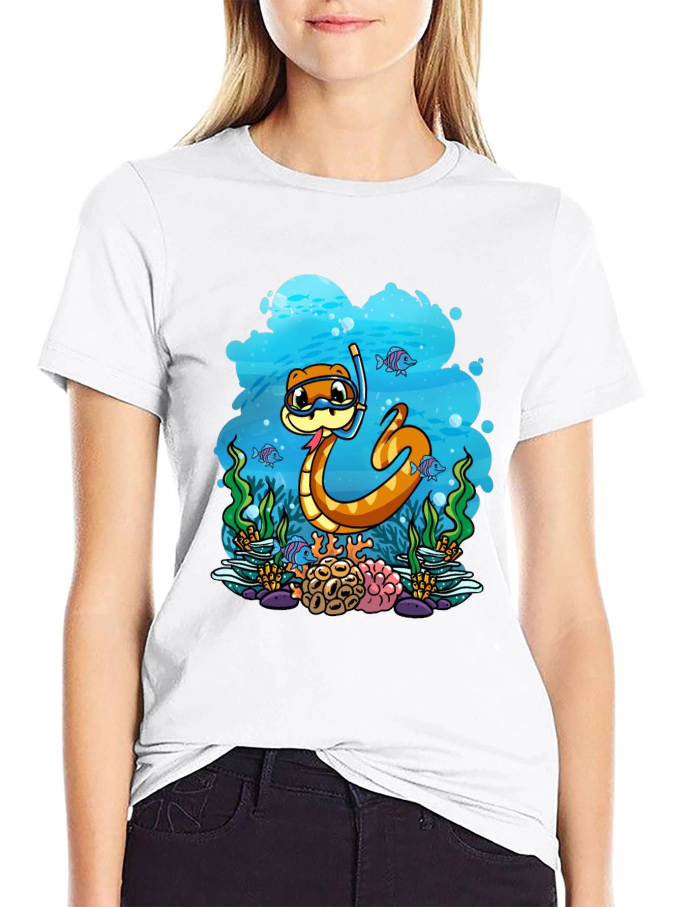 Black Cartoon Snorkeling Snake Graphic Tee view 9