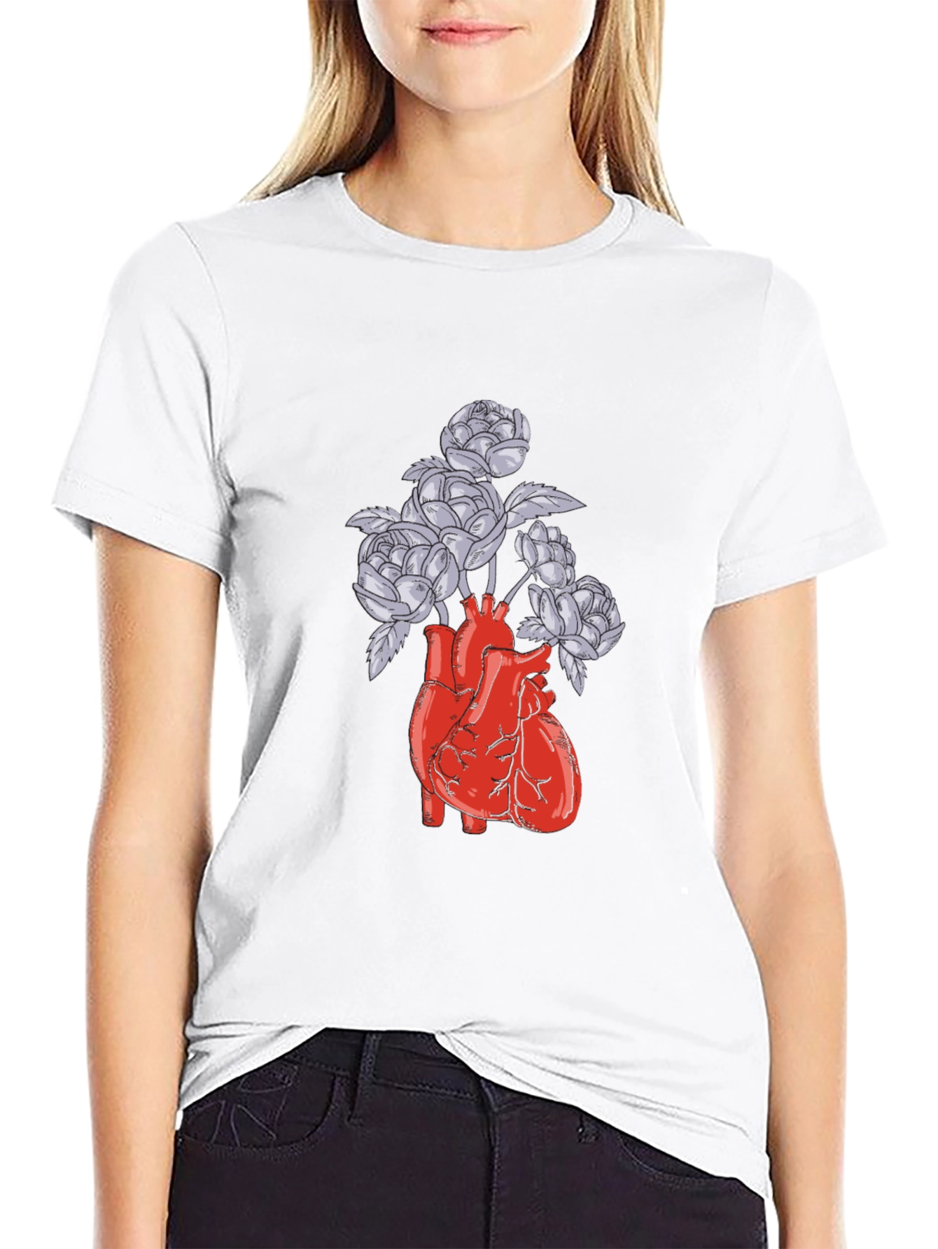 Black Anatomical Heart and Flowers Graphic T-Shirt view 9