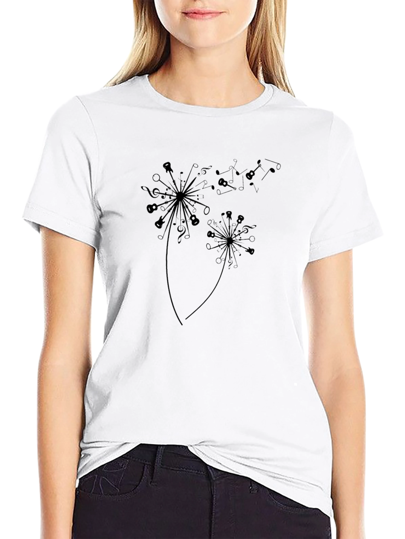 Black Music Note Dandelion Graphic Black T-Shirt view 9