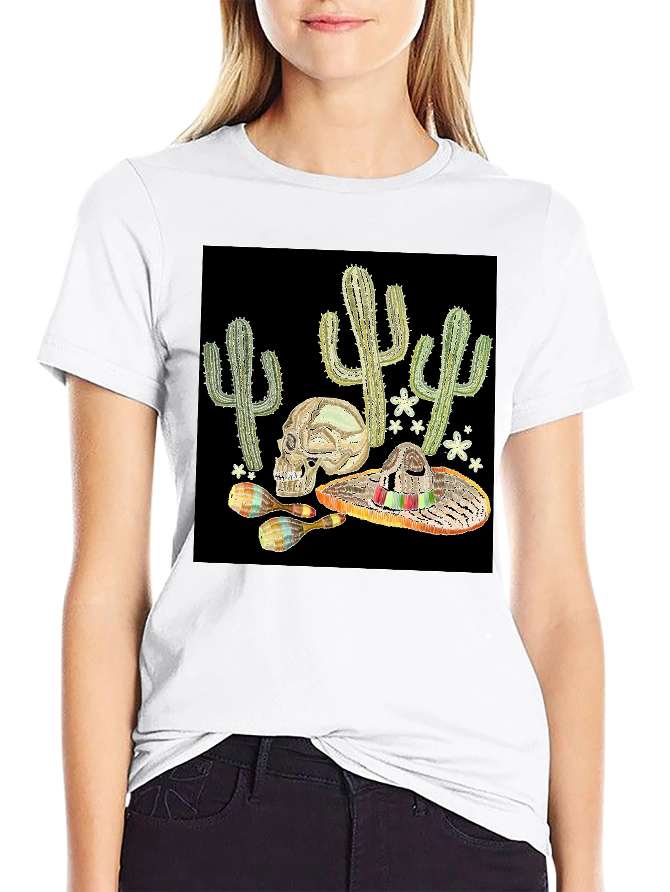 Black Cactus Skull Sombrero Graphic Tee view 9