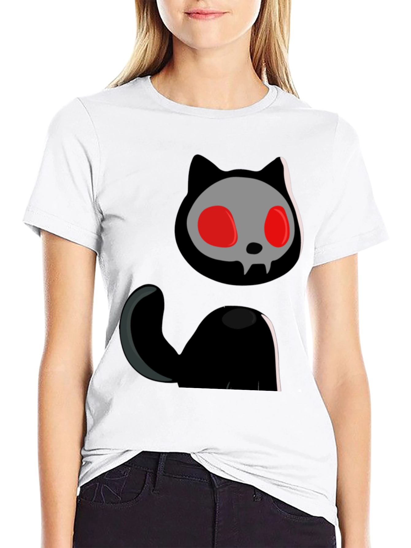 Black Skull Cat Graphic Tee - Black Cotton T-Shirt view 9