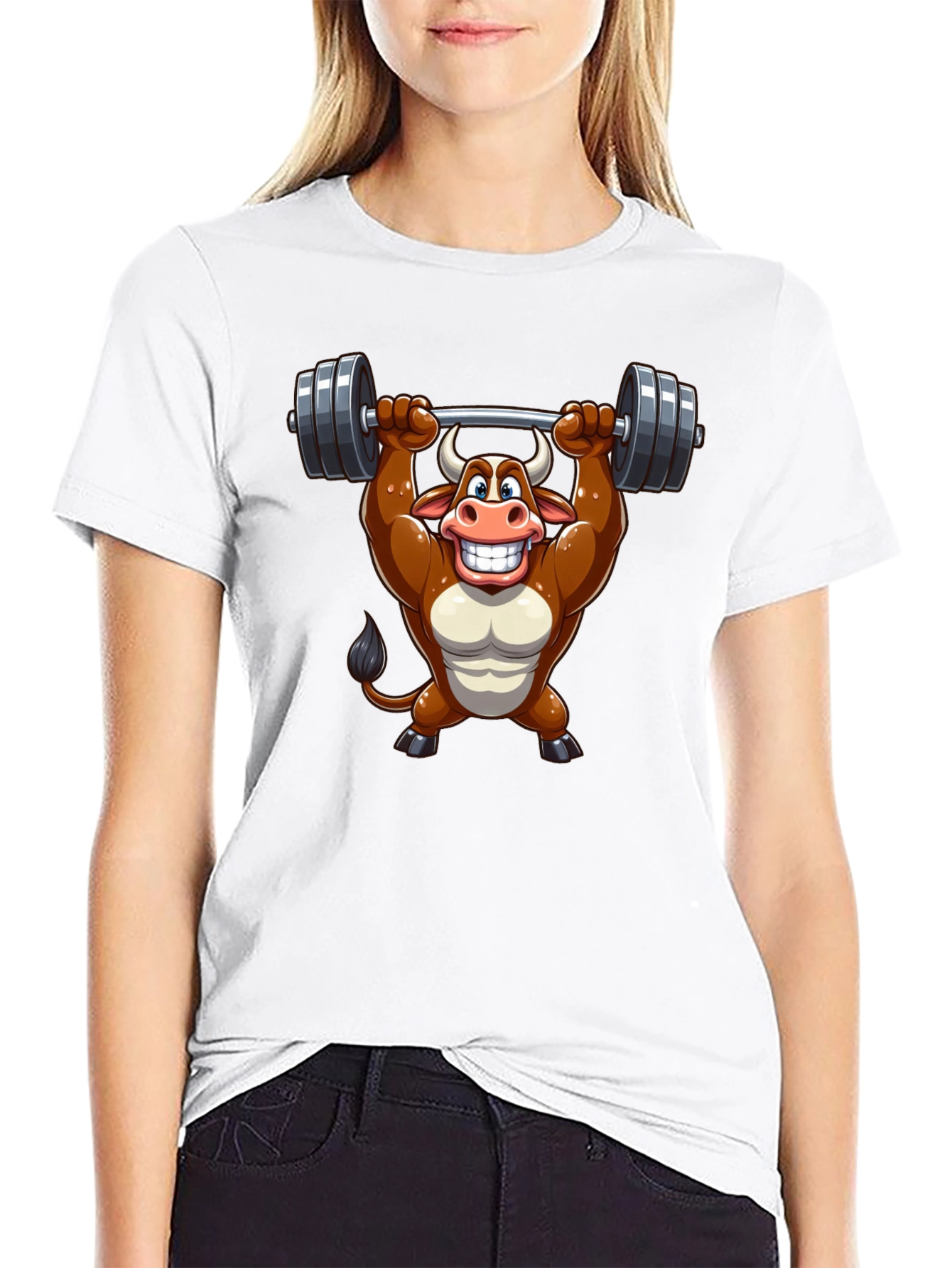 Black Funny Bull Lifting Weights T-Shirt view 9