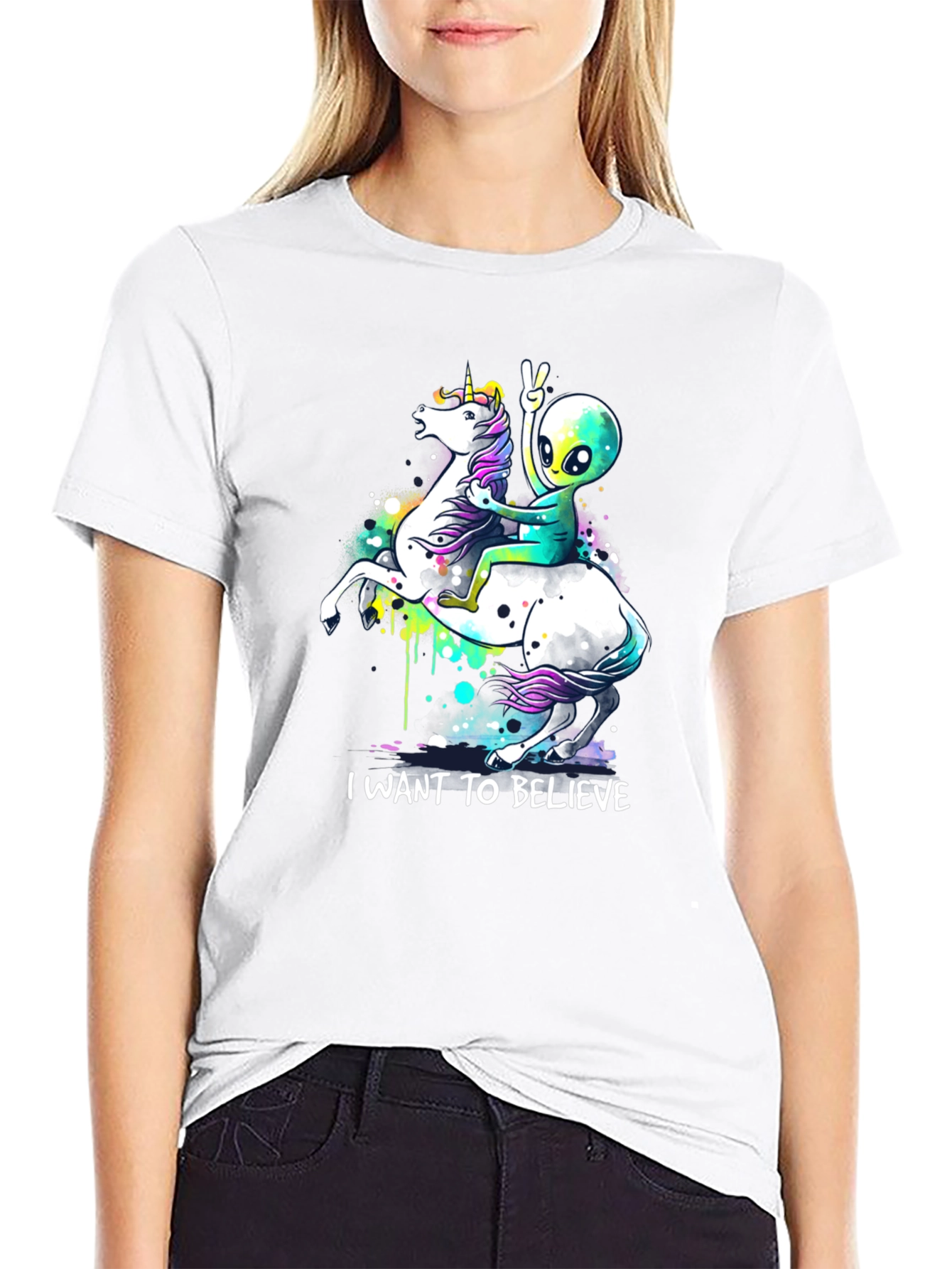 Black Alien Riding Unicorn T-Shirt - I Want To Believe view 9