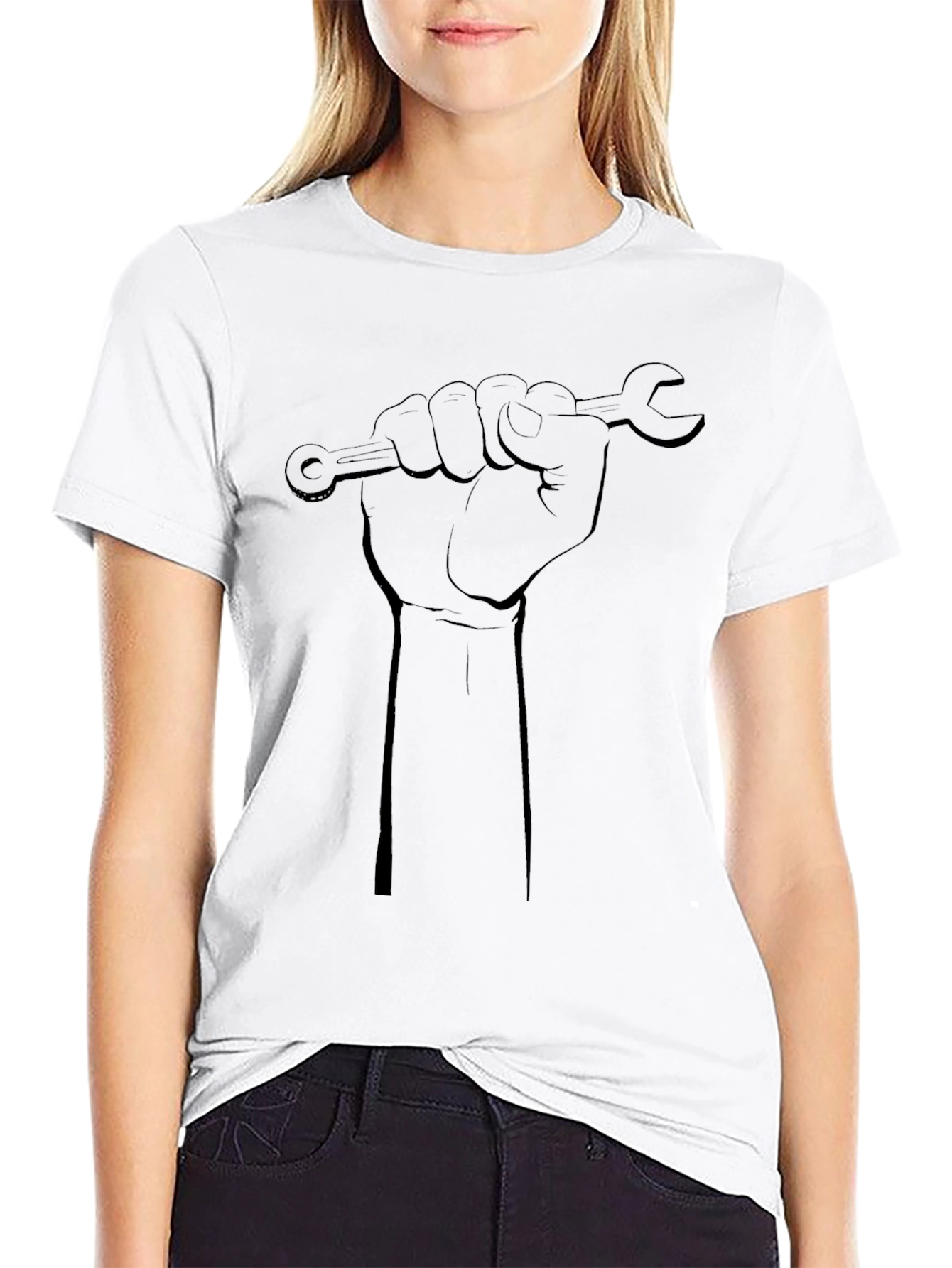 Black Black T-Shirt - Hand Holding Wrench Design view 9