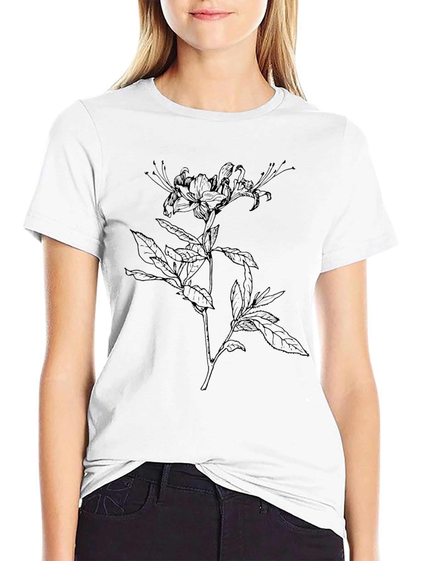 Black Botanical Line Art Tee - Stylish Floral T-Shirt view 9