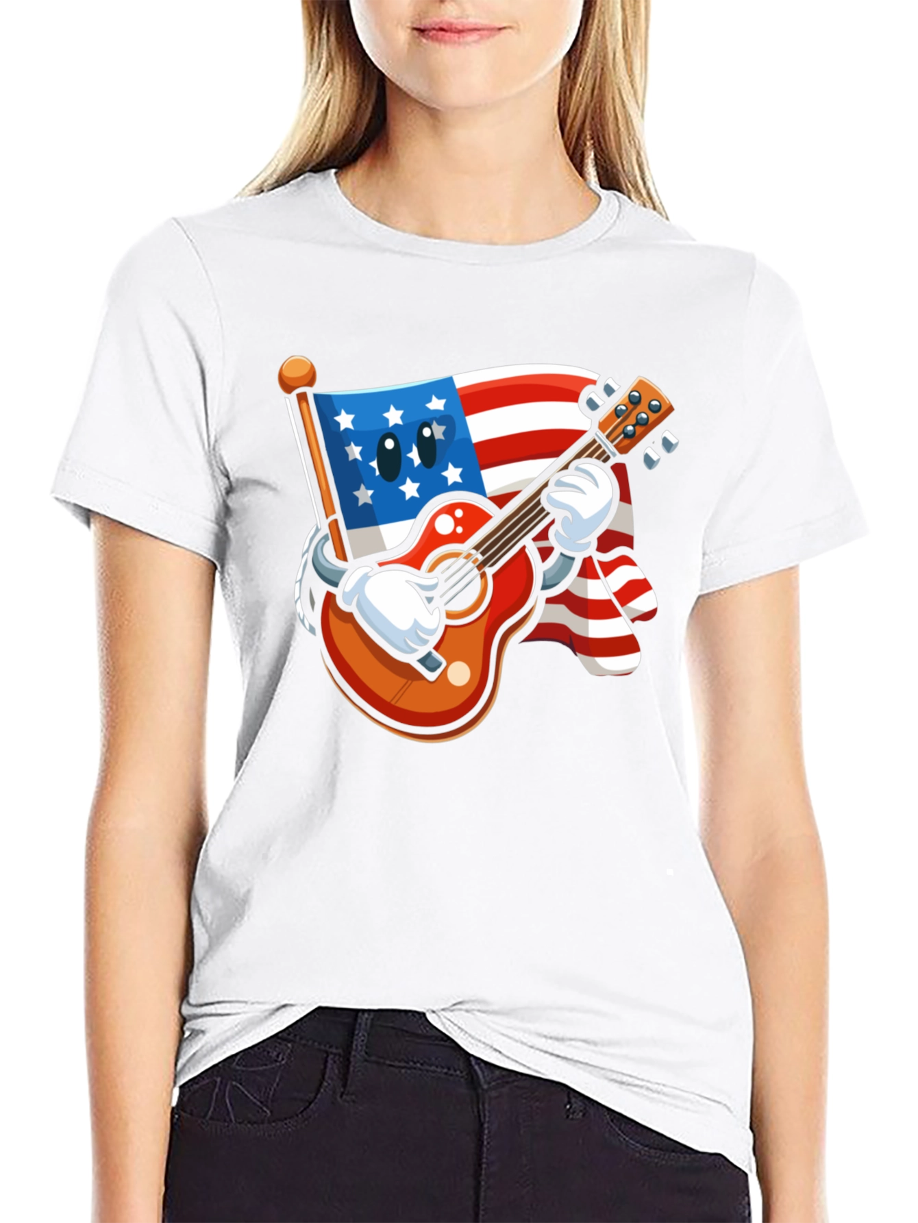 Black USA Flag Guitar T-Shirt - Patriotic Cartoon Design view 9