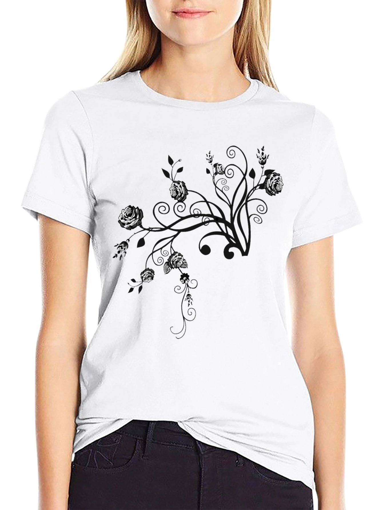 Black Men's Black T-Shirt with Floral Abstract Design view 9