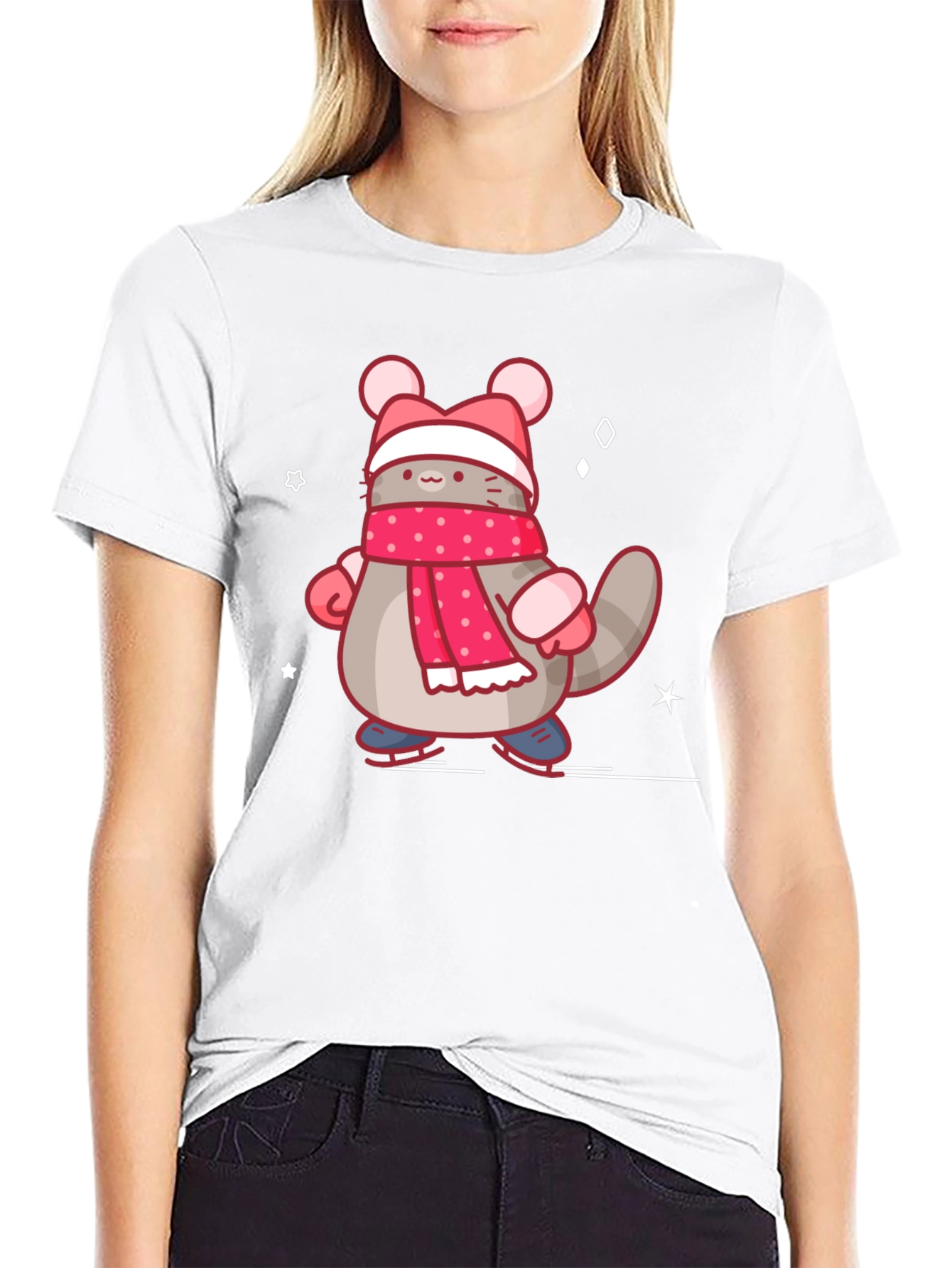 Black Cute Cartoon Cat in Winter Gear T-Shirt view 9
