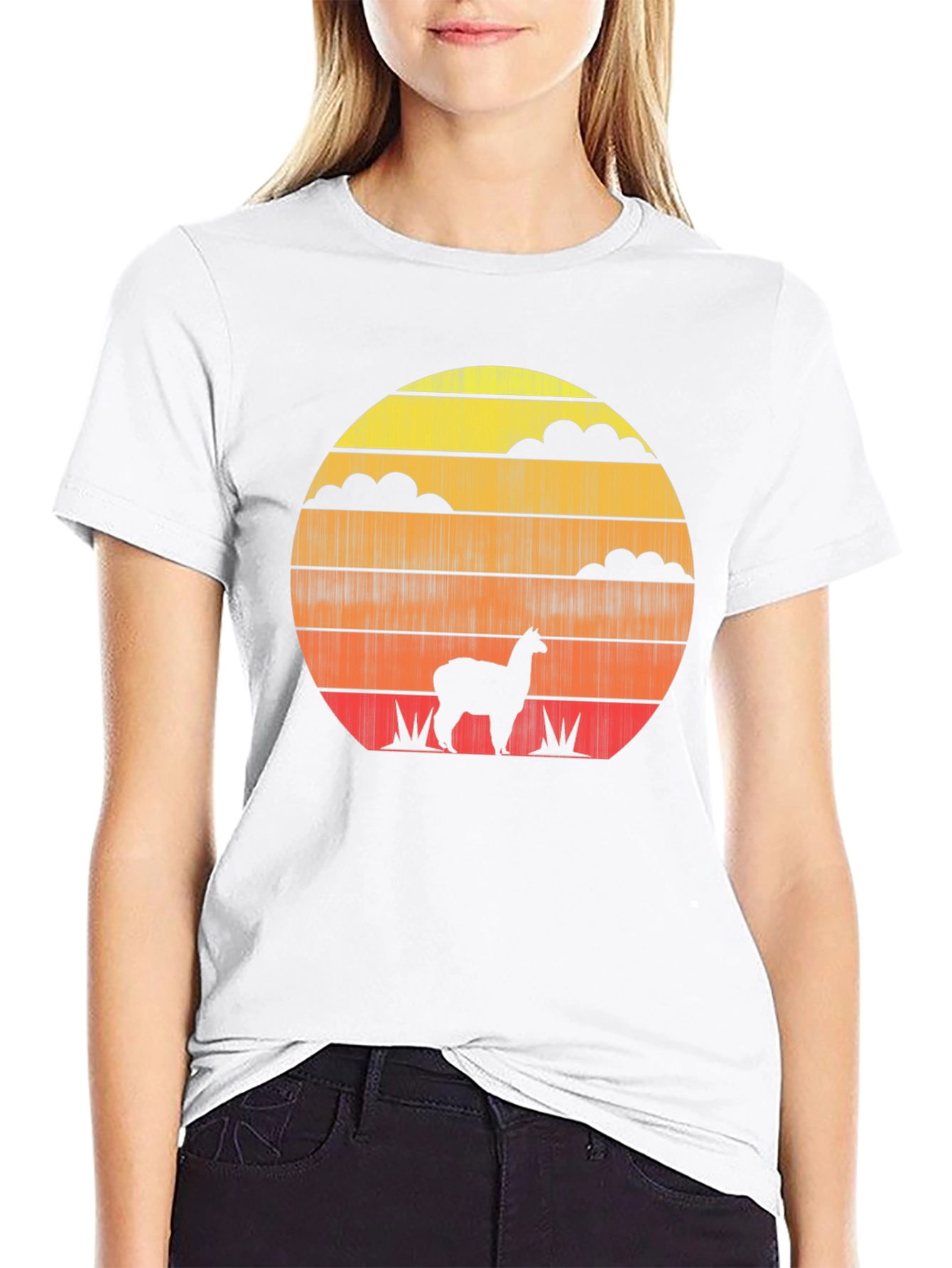 Black Retro Sunset Alpaca T-Shirt - Stylish Graphic Tee view 9
