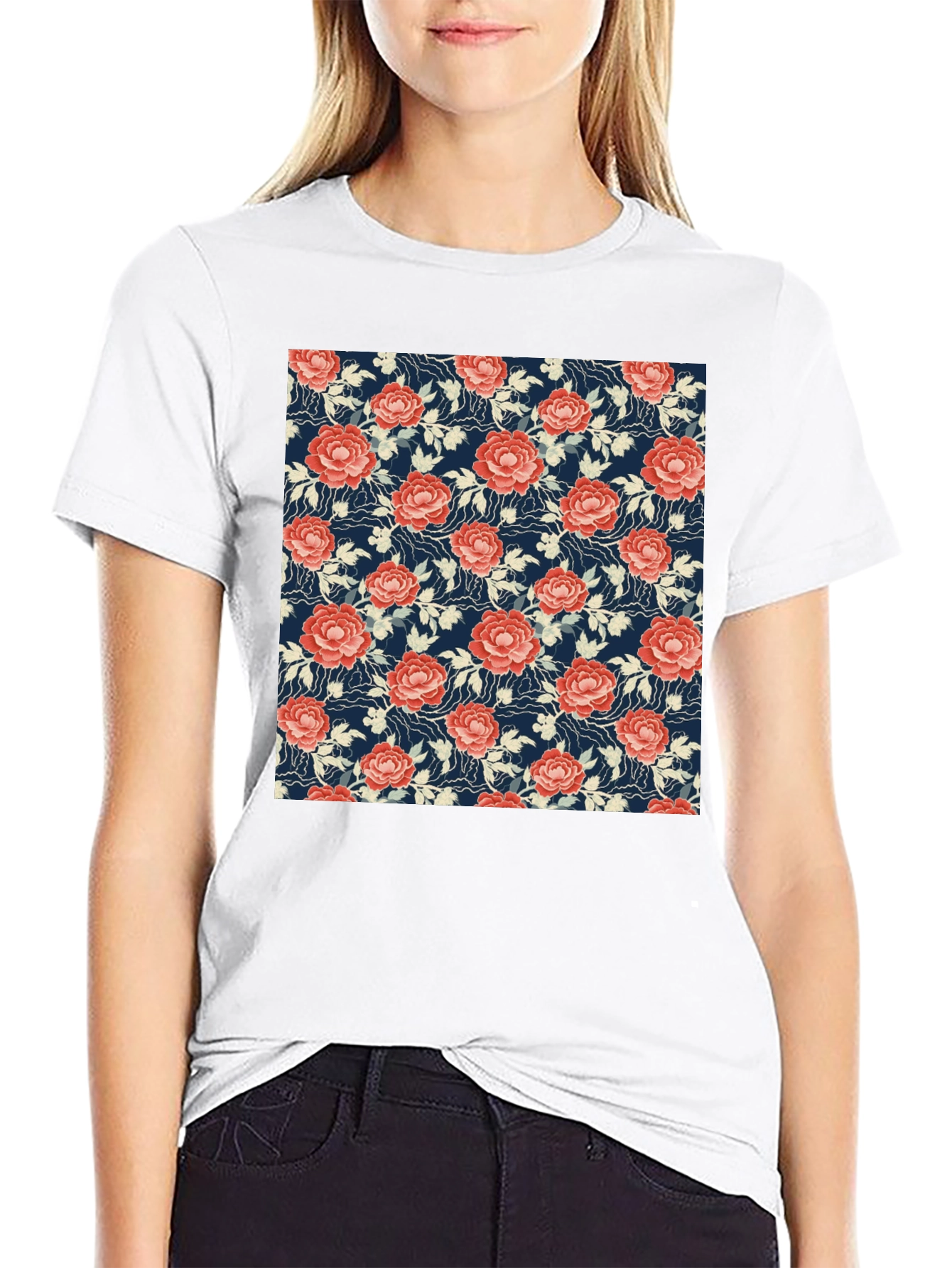 Black Floral Print Tee - Soft & Stylish Cotton T-Shirt view 9