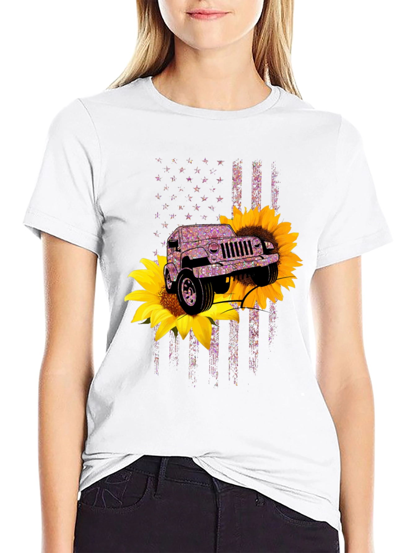 Black Sunflower Jeep T-Shirt - Patriotic Flag Design view 9