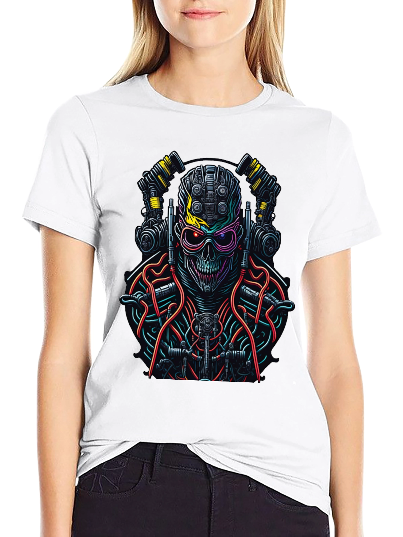 Black Cyberpunk Skull Graphic Tee - Unique Robot Skeleton Design view 9