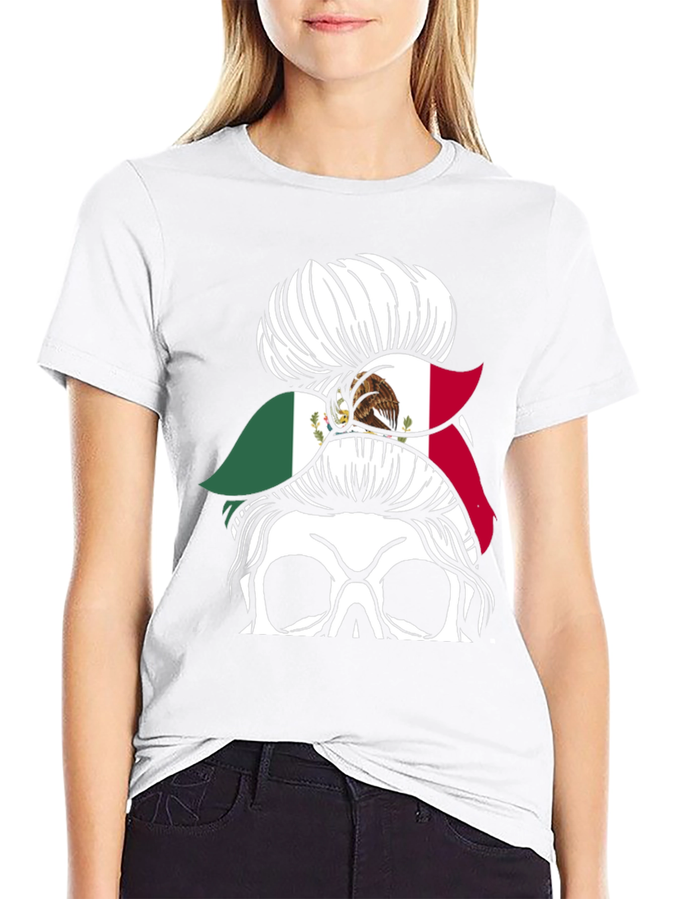 Mexican Flag Skull Messy Bun T-Shirt - 9