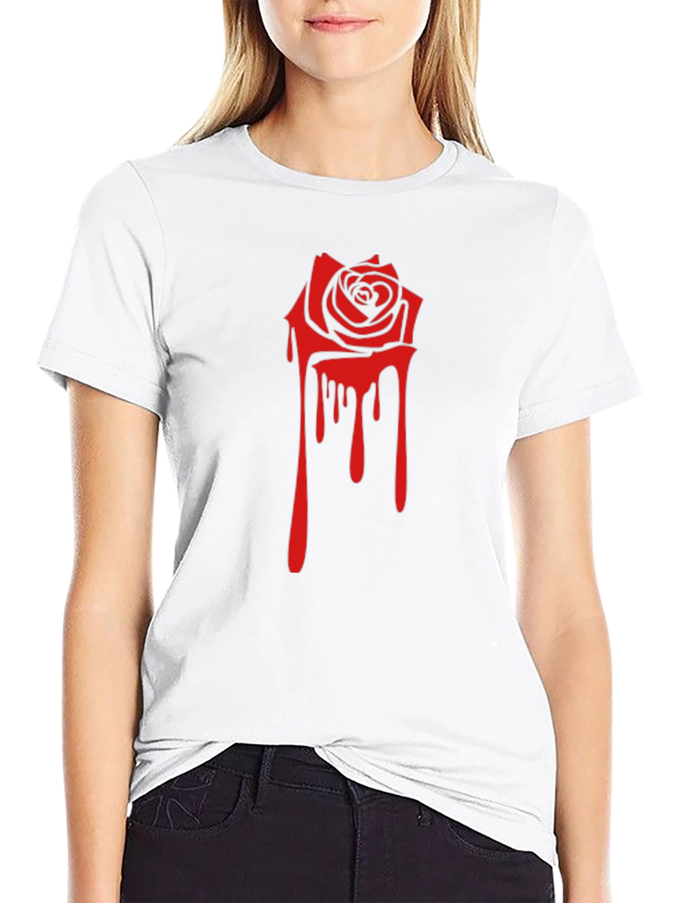 Black Black Tee with Red Dripping Rose Graphic view 9