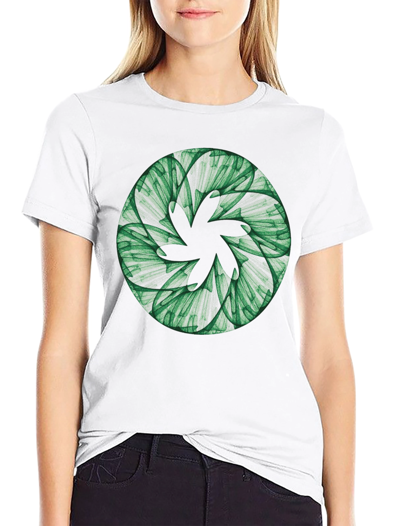 Black Abstract Green Floral Pattern Black T-Shirt view 9