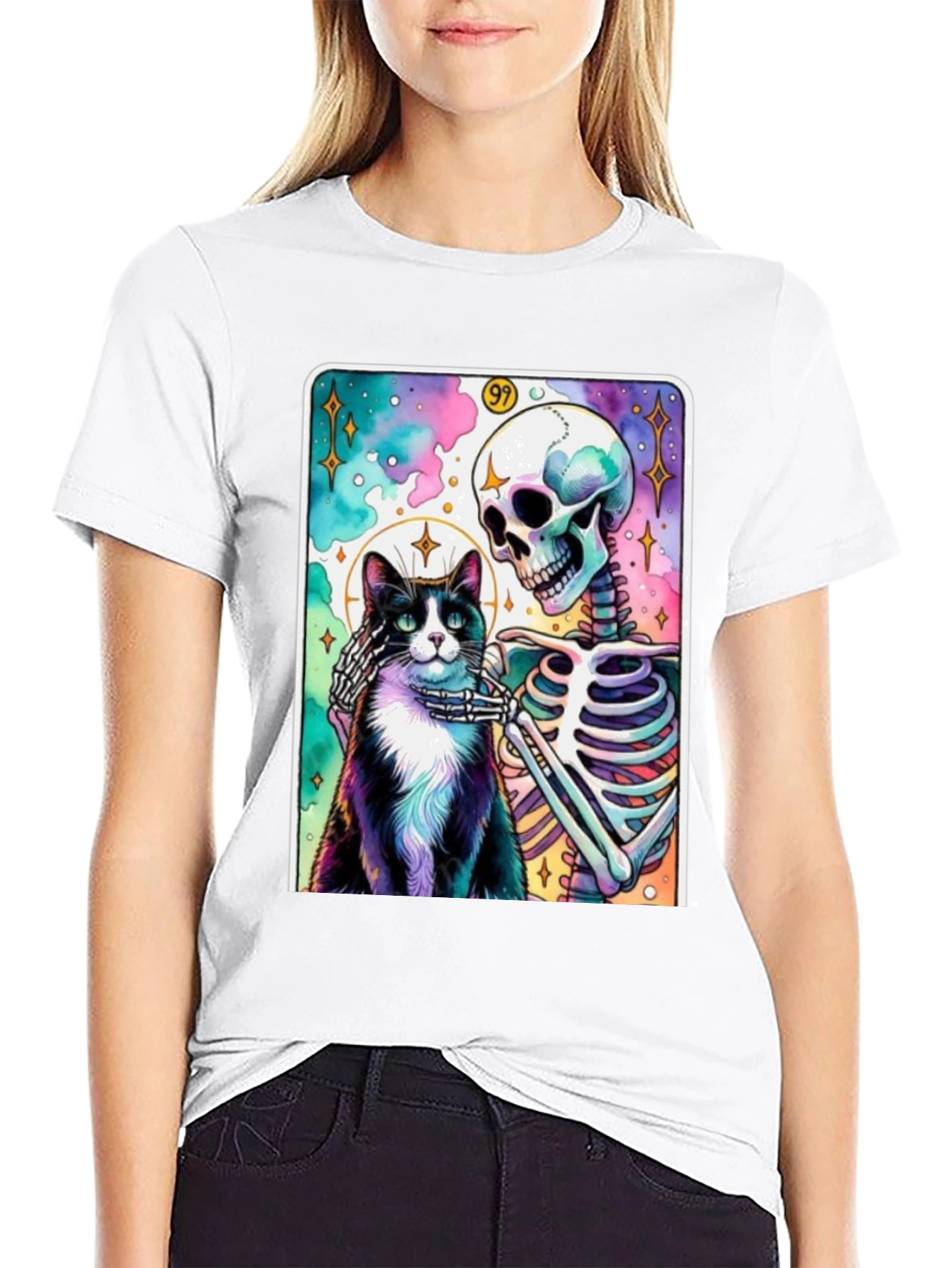 Black Cat & Skeleton Graphic Tee - Unique Design view 9