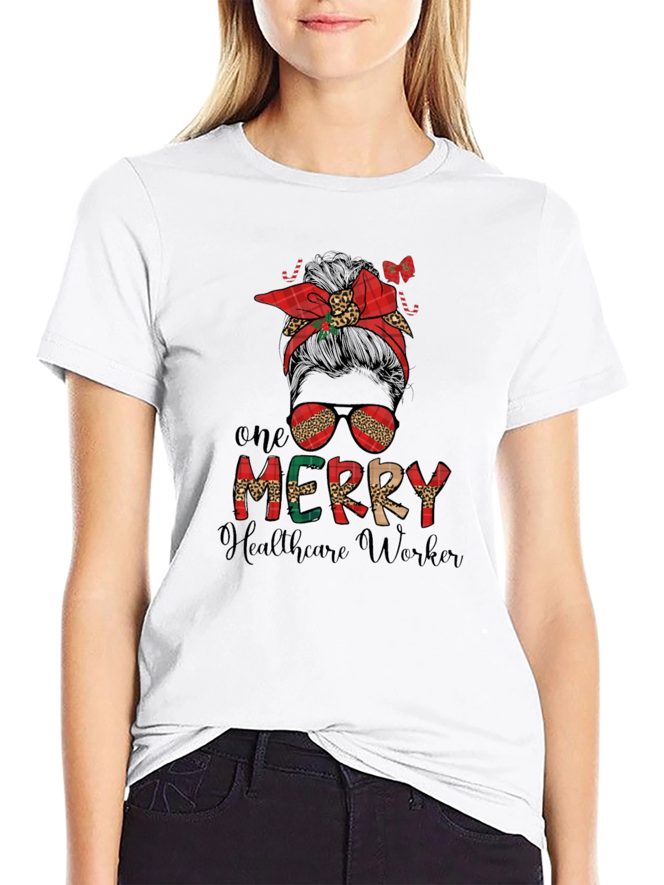 Black One Merry Healthcare Worker Messy Bun T-Shirt view 9