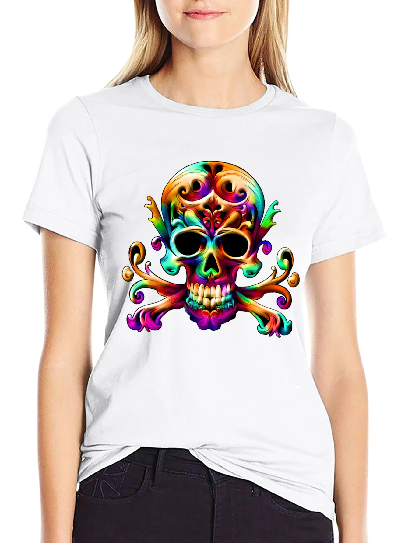 Black Colorful Skull & Crossbones Graphic Tee view 9