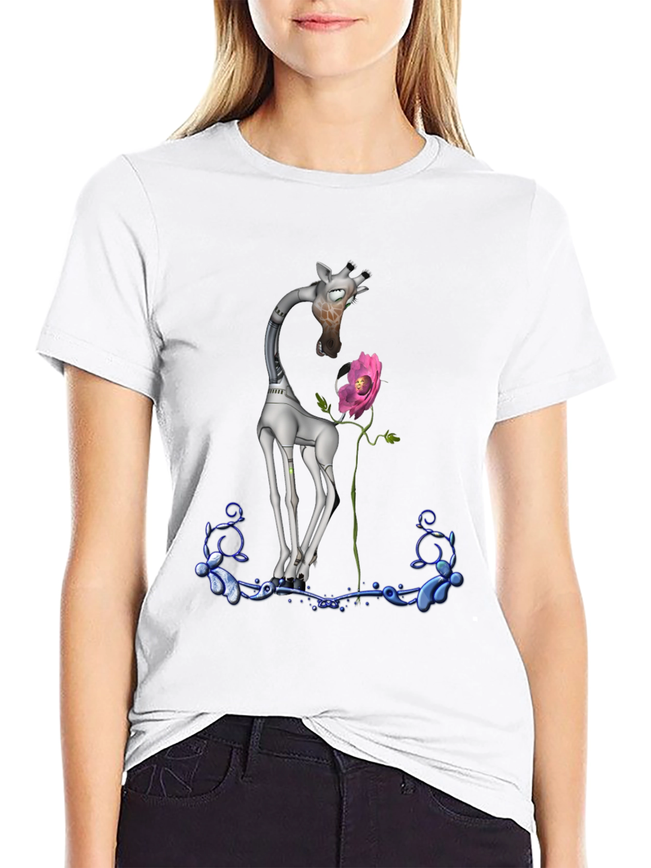 Black Robotic Giraffe & Flower Graphic Tee - Quirky Black T-Shirt view 9