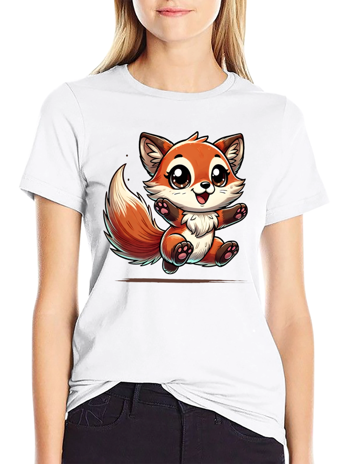 Black Cute Fox Graphic Tee - Black Cotton T-Shirt view 9