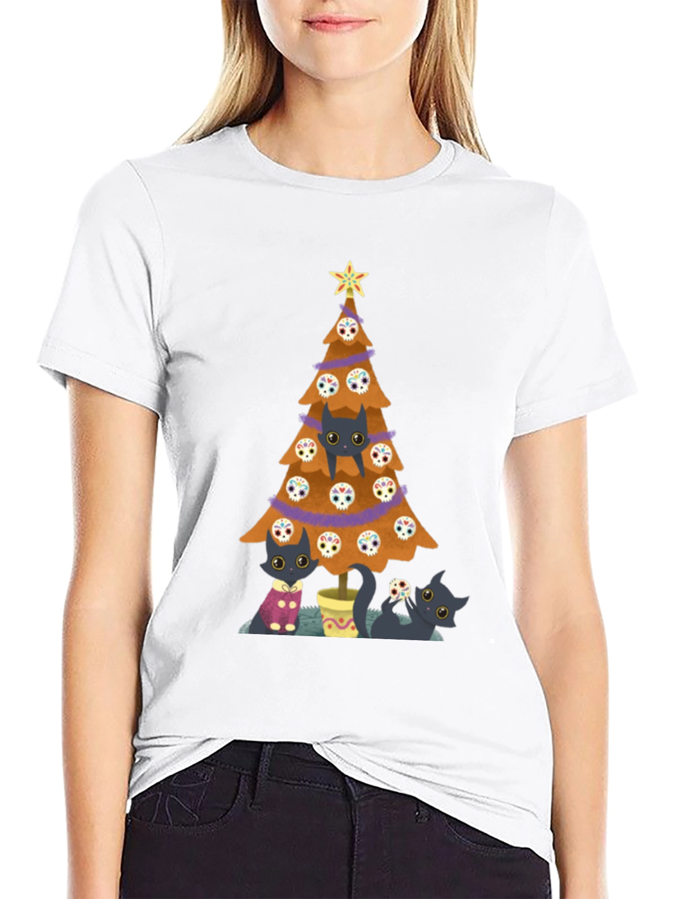 Black Cat Christmas Tree Black T-Shirt view 9