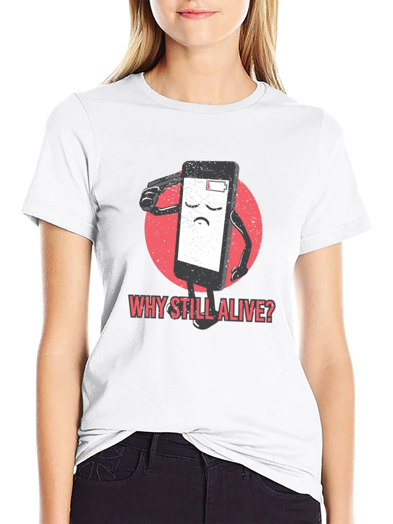 Black Why Still Alive T-Shirt - Funny Phone Battery Tee view 9