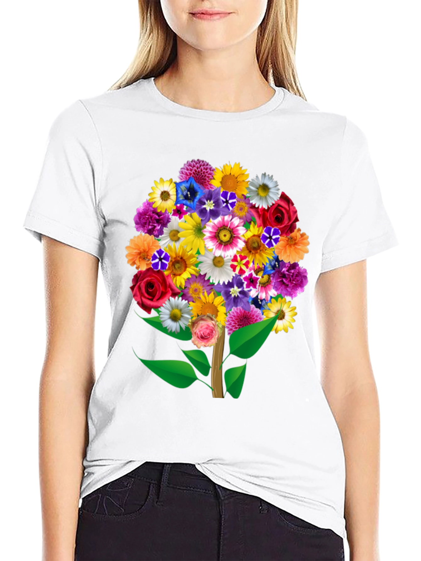 Black Floral Bouquet Tree Graphic Tee - Black Cotton T-Shirt view 9