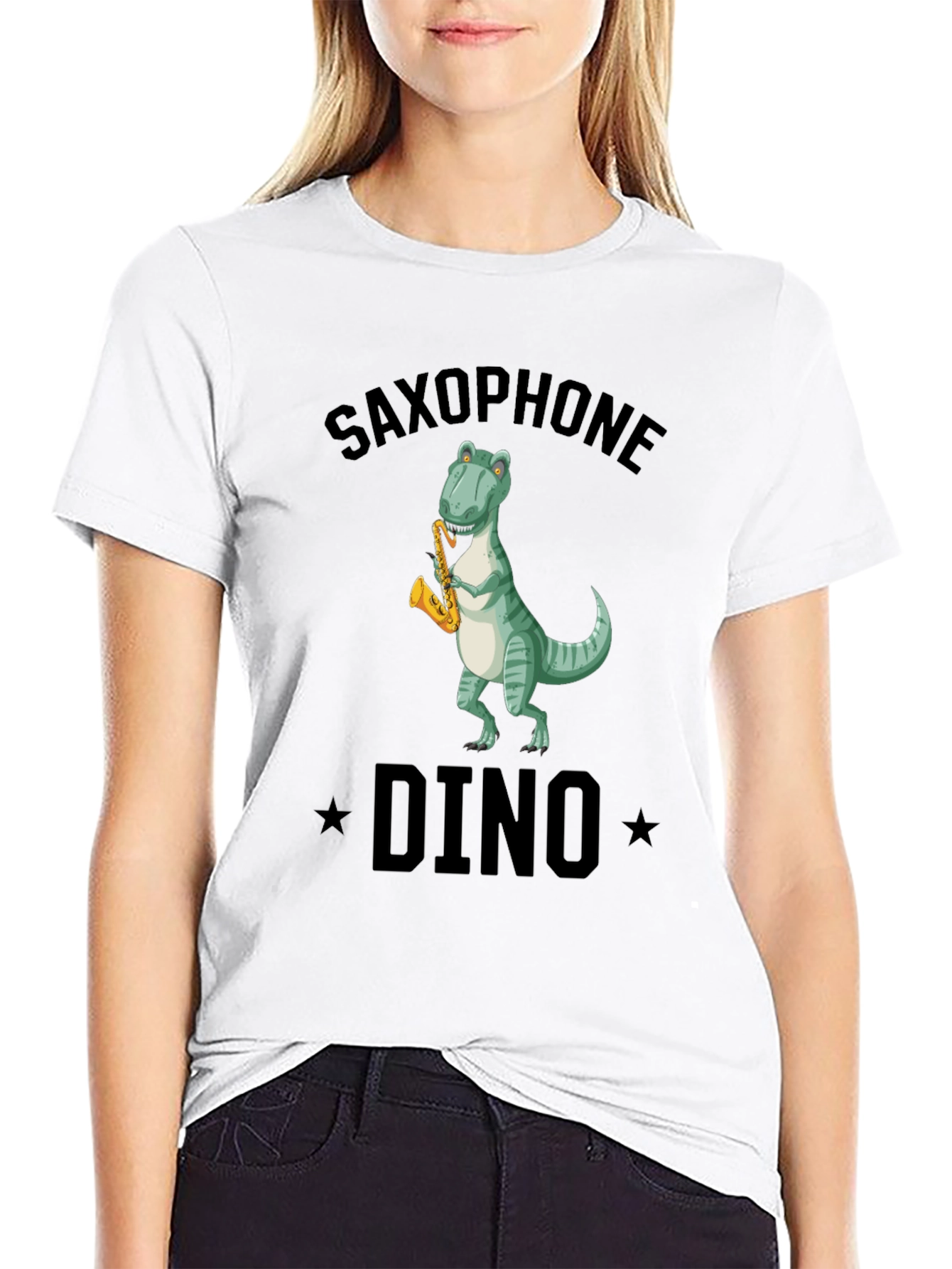 Black Saxophone Dino T-Shirt - Black Cotton Tee view 9