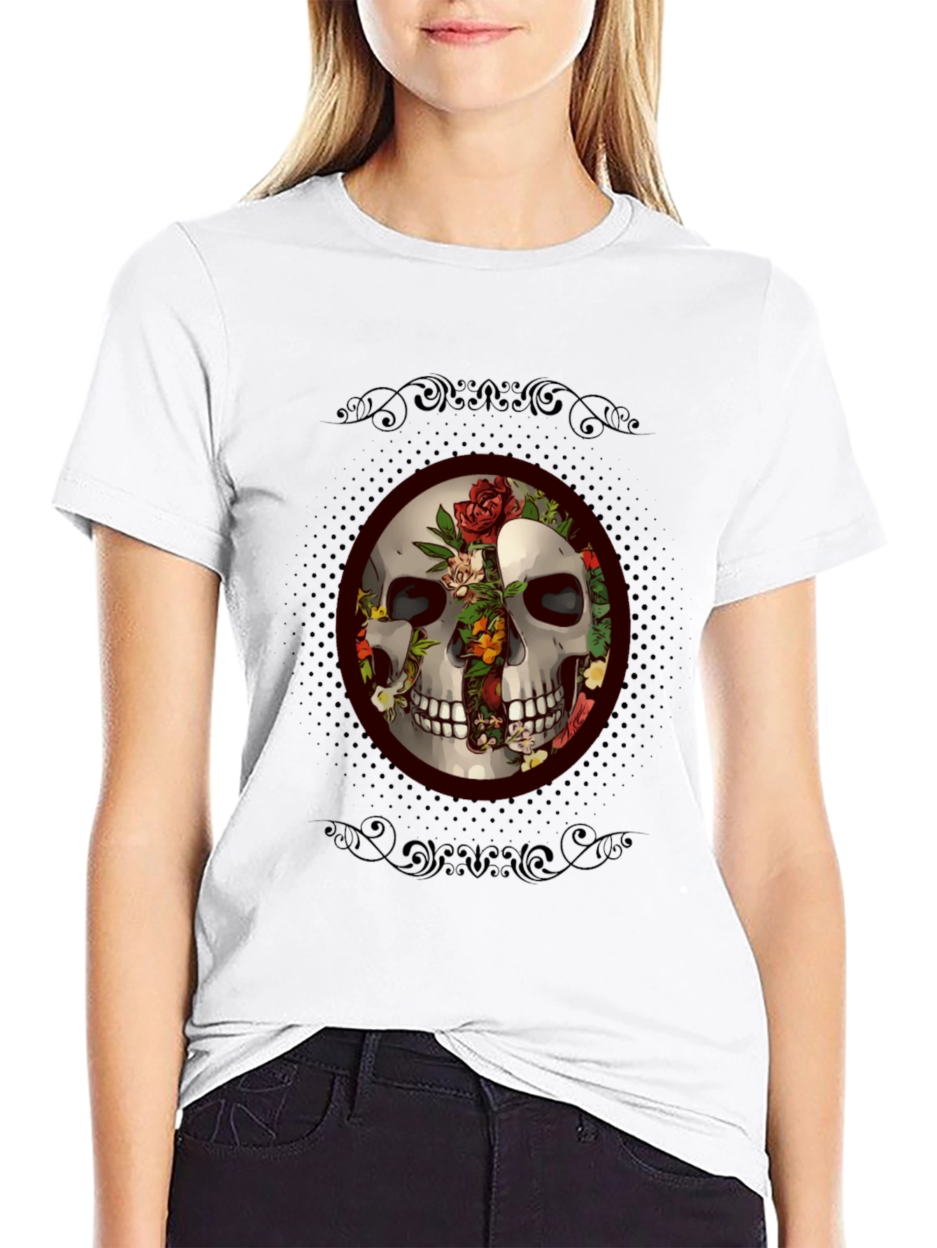 Black Skull & Roses Graphic Tee - Edgy Style view 9