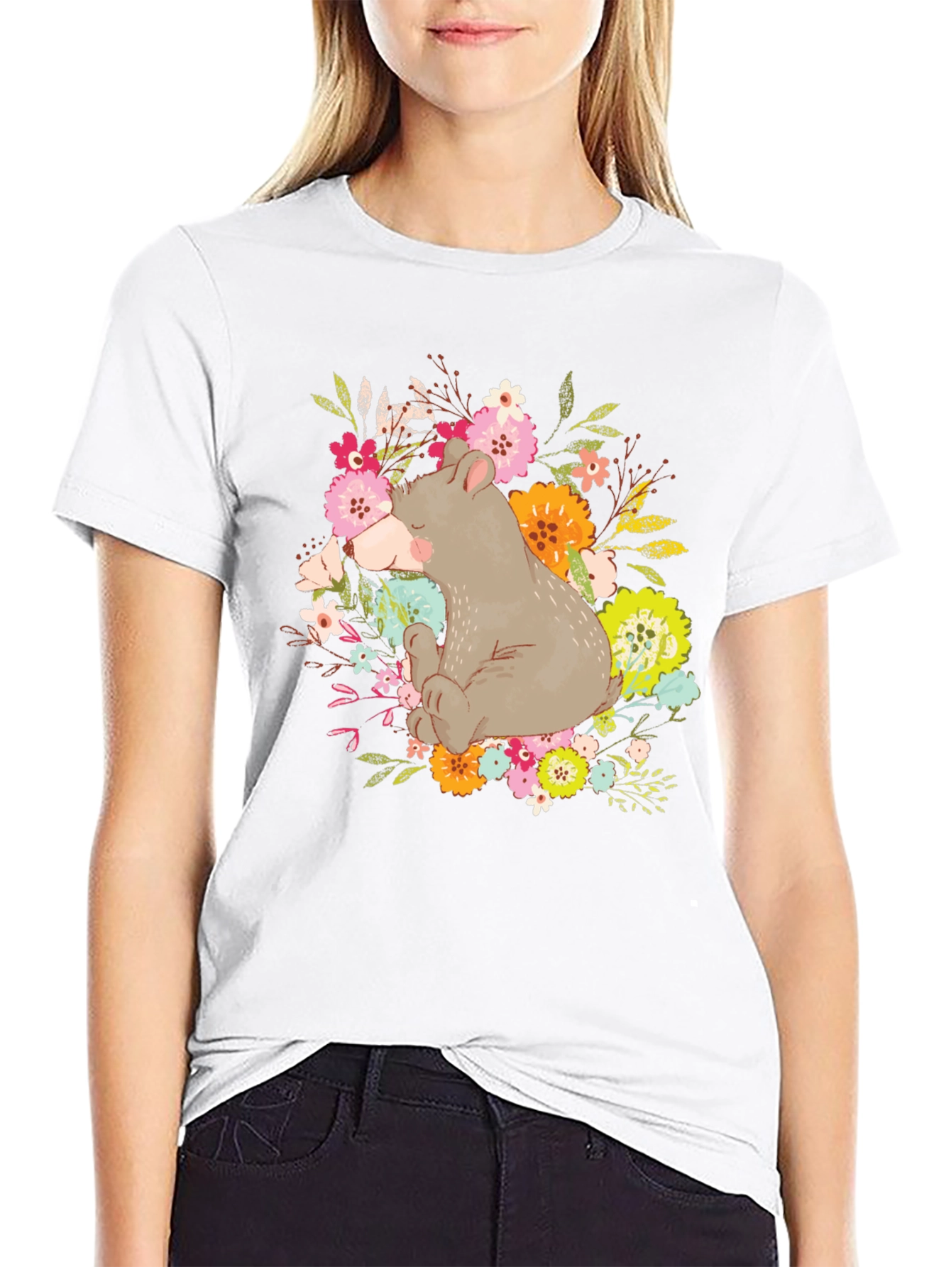 Black Cute Bear Floral T-Shirt - Unisex Graphic Tee view 9