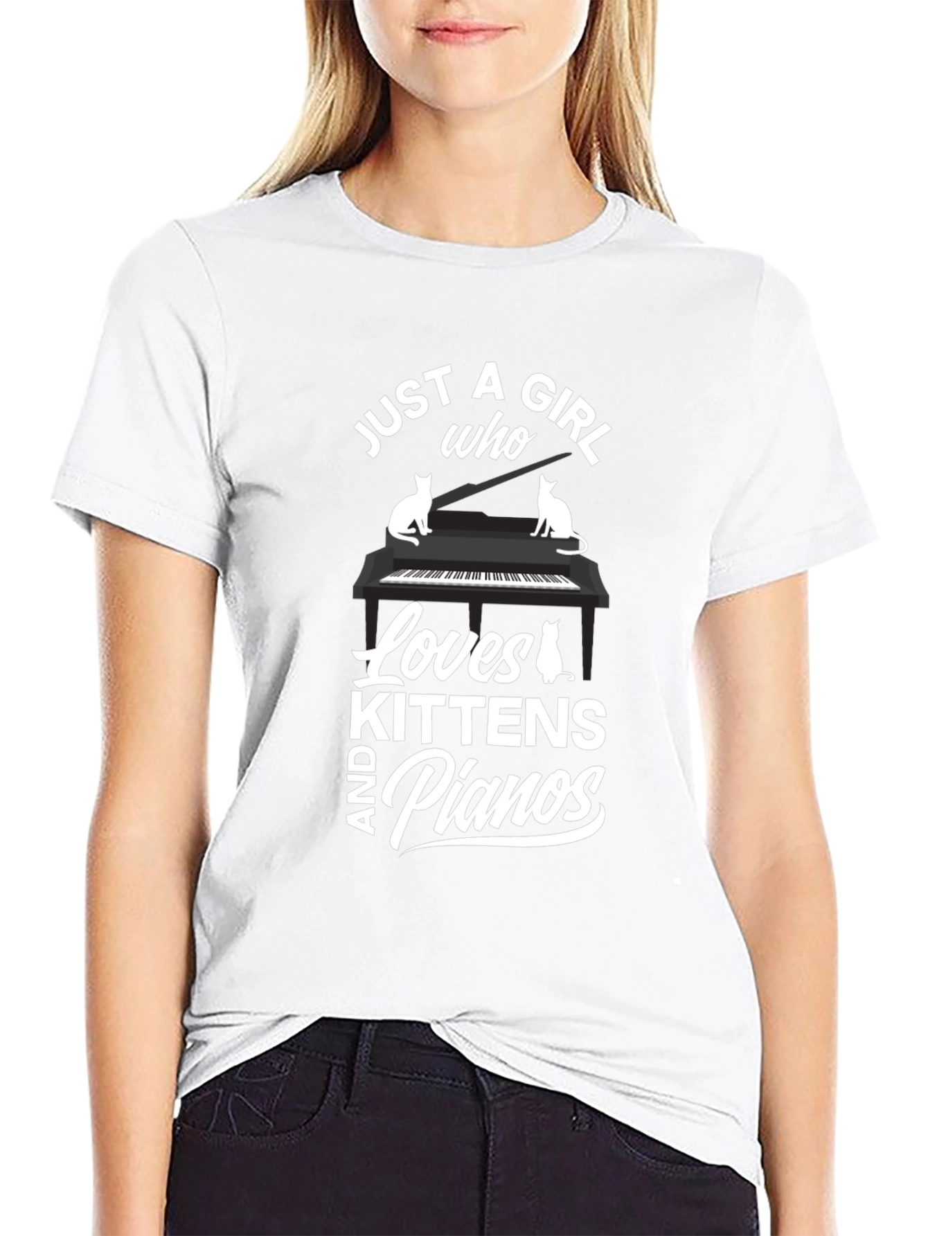 Black Just a Girl Who Loves Kittens and Pianos Black T-Shirt view 9