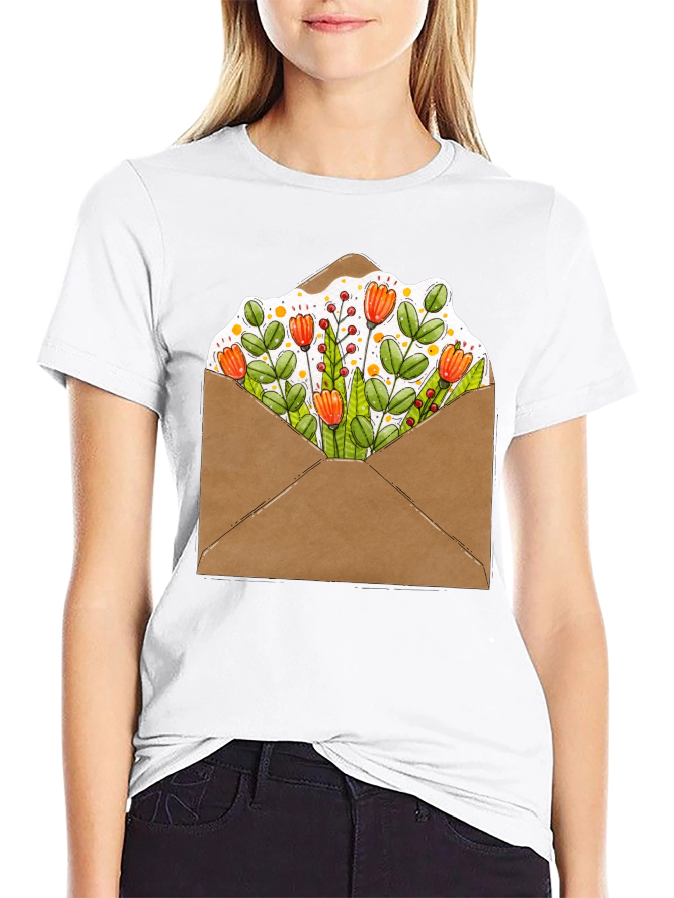Black Floral Envelope Graphic Tee - Trendy Unisex T-Shirt view 9