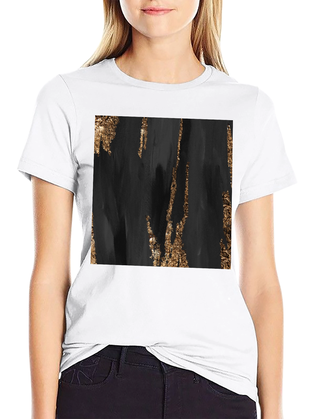 Black Abstract Gold Foil Print Black T-Shirt view 9