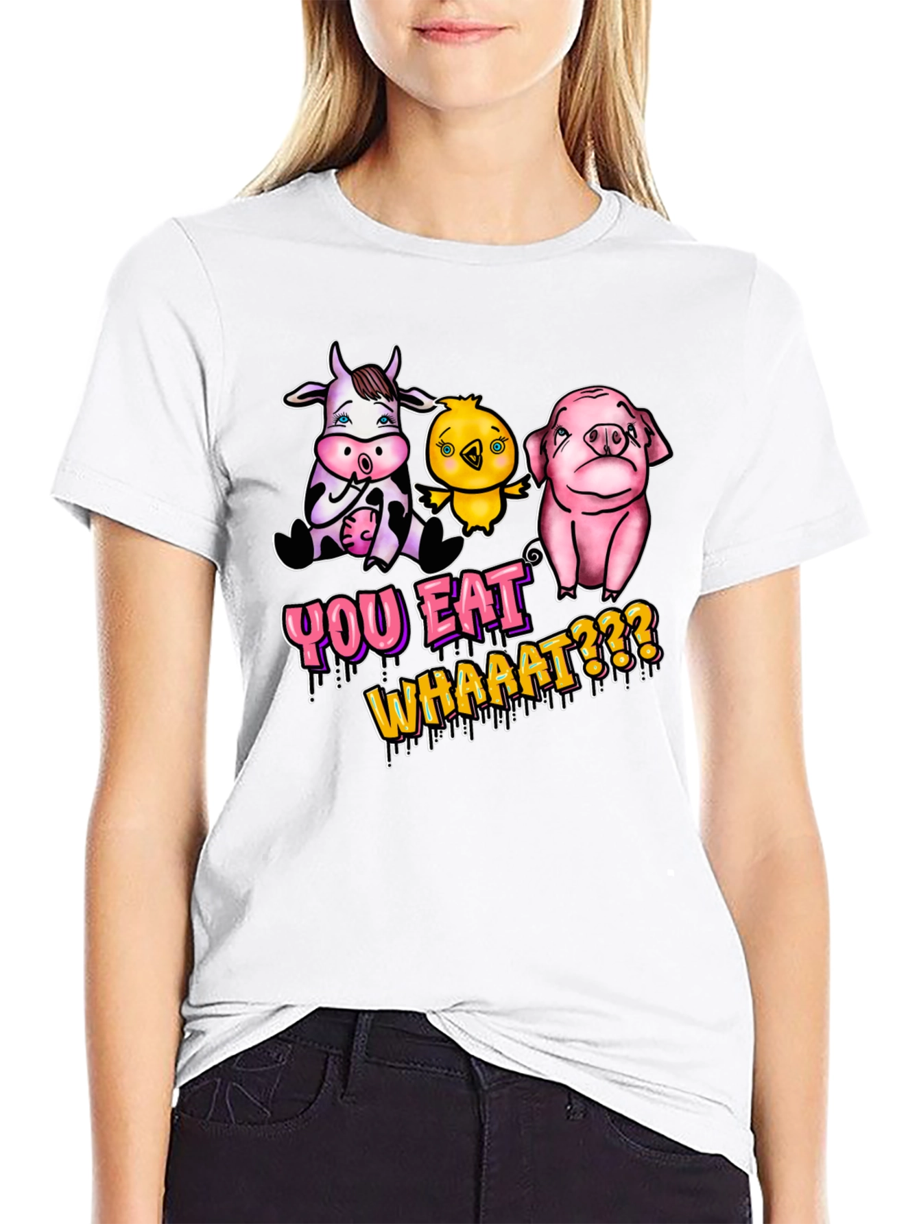 Black Vegan T-Shirt: You Eat Whaaat??? Funny Animal Design view 9