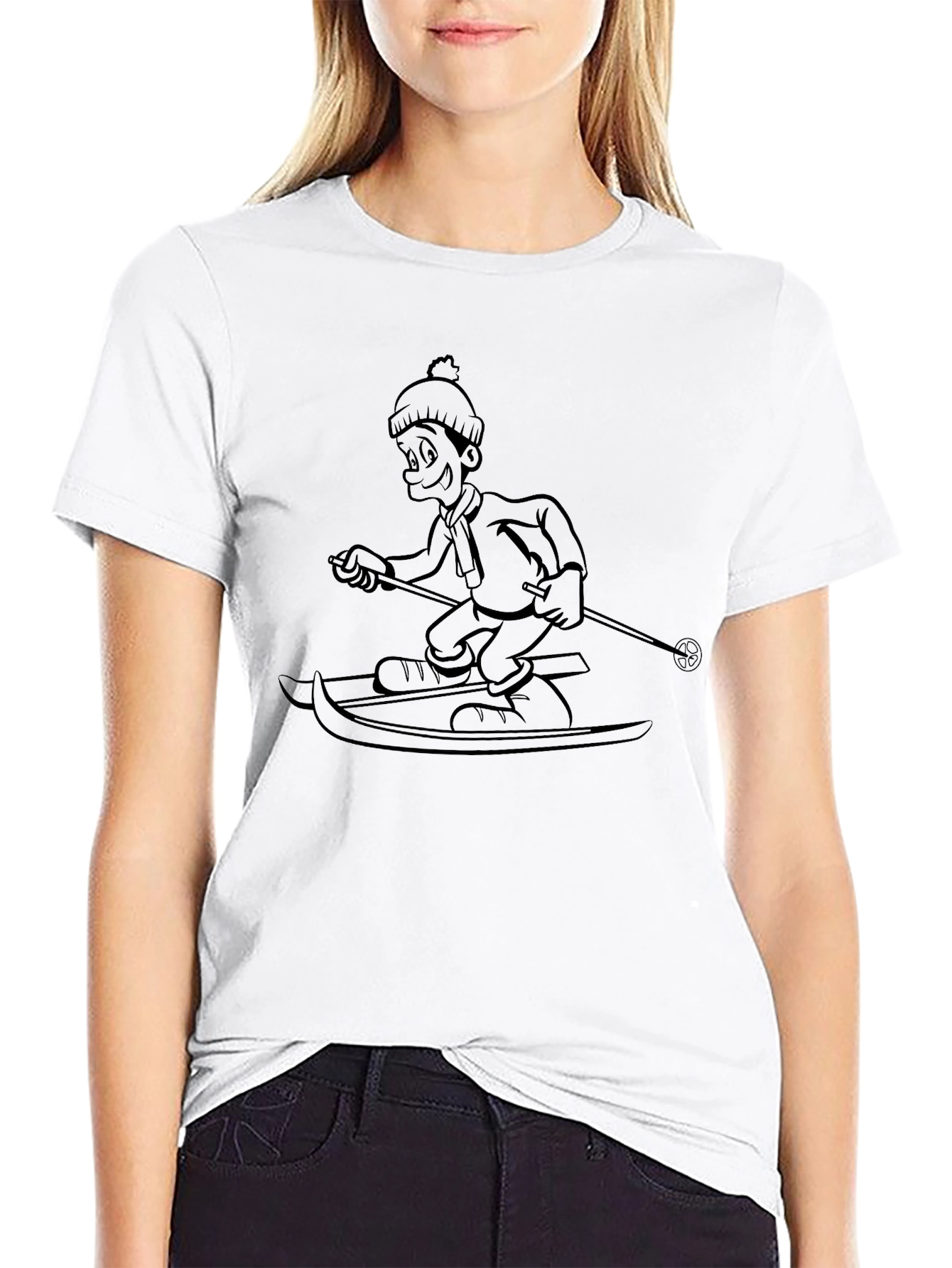Black Cartoon Skier Graphic Tee - Unisex Black T-Shirt view 9