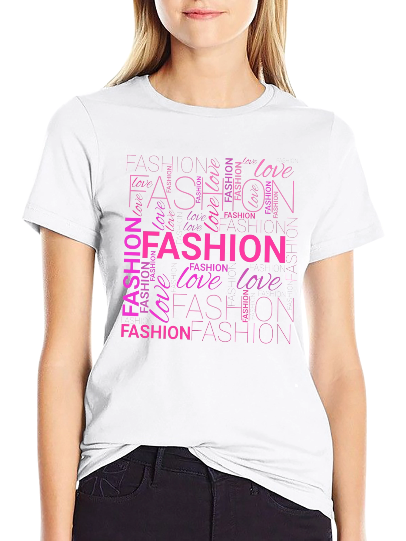 Fashion & Love Pink Word Art Print Black T-Shirt - 9
