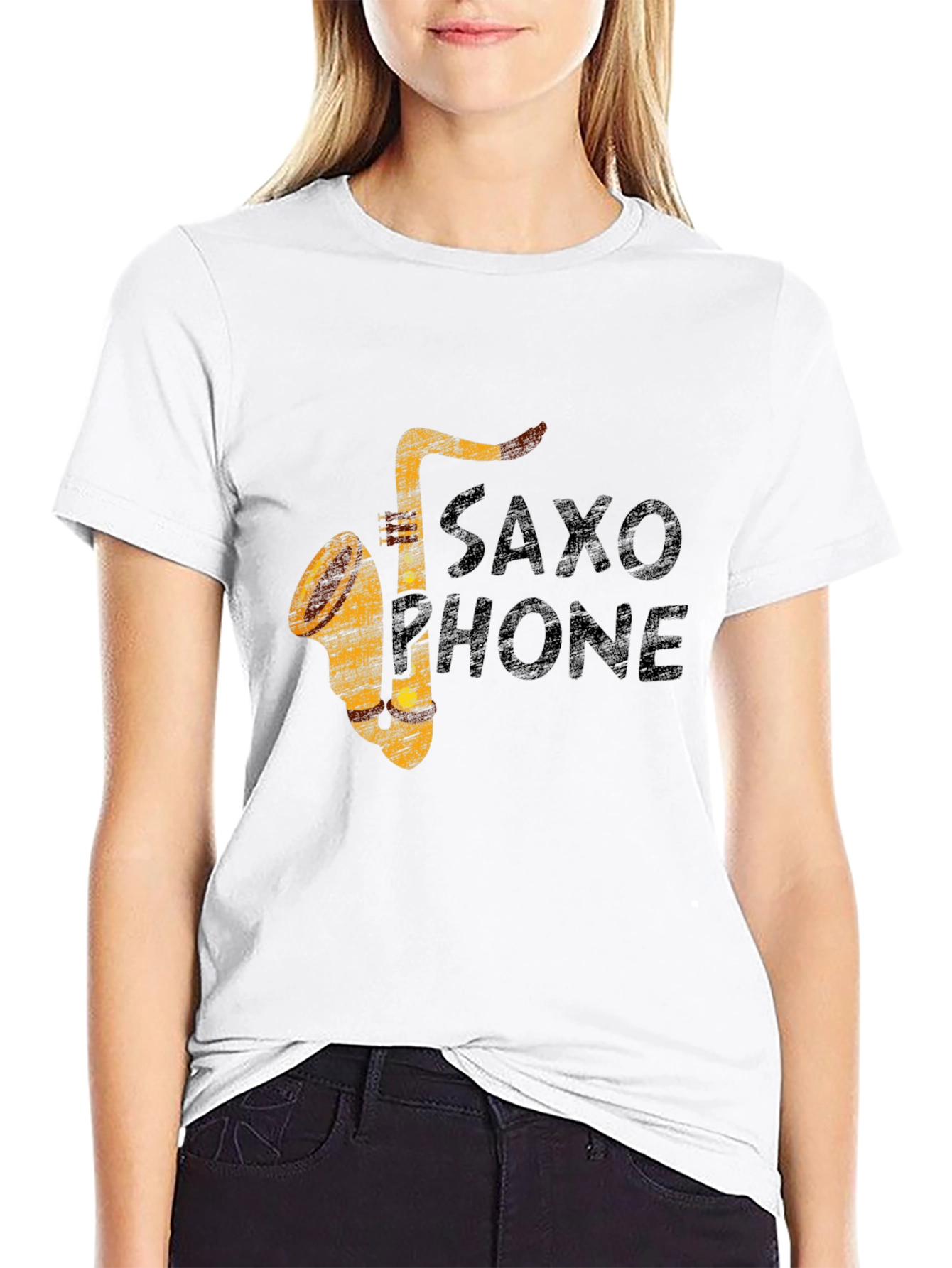 Black Vintage Saxophone Graphic Print Black T-Shirt view 9