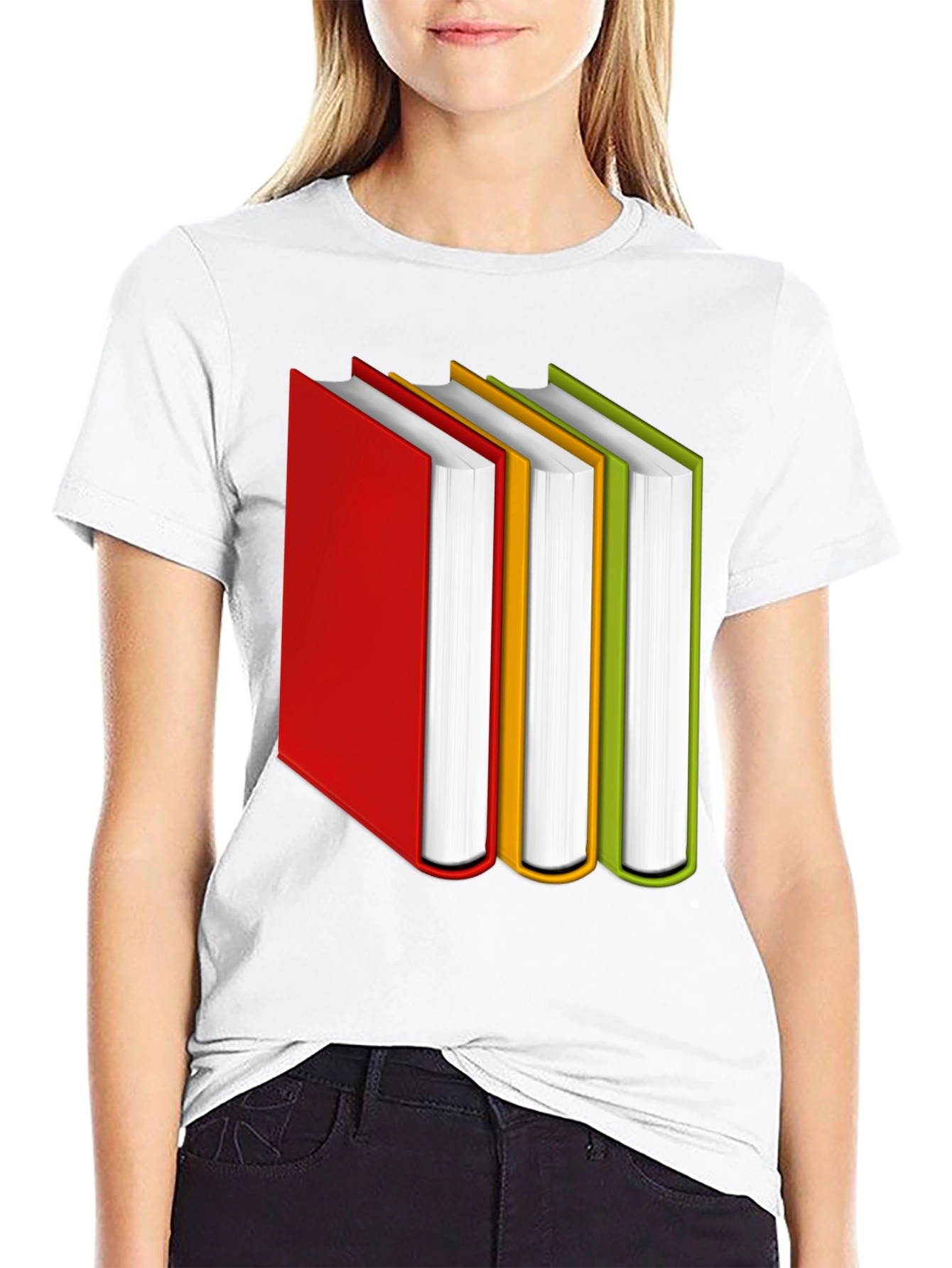 Black Book Lover's Tee: Colorful Book Stack Graphic T-Shirt view 9