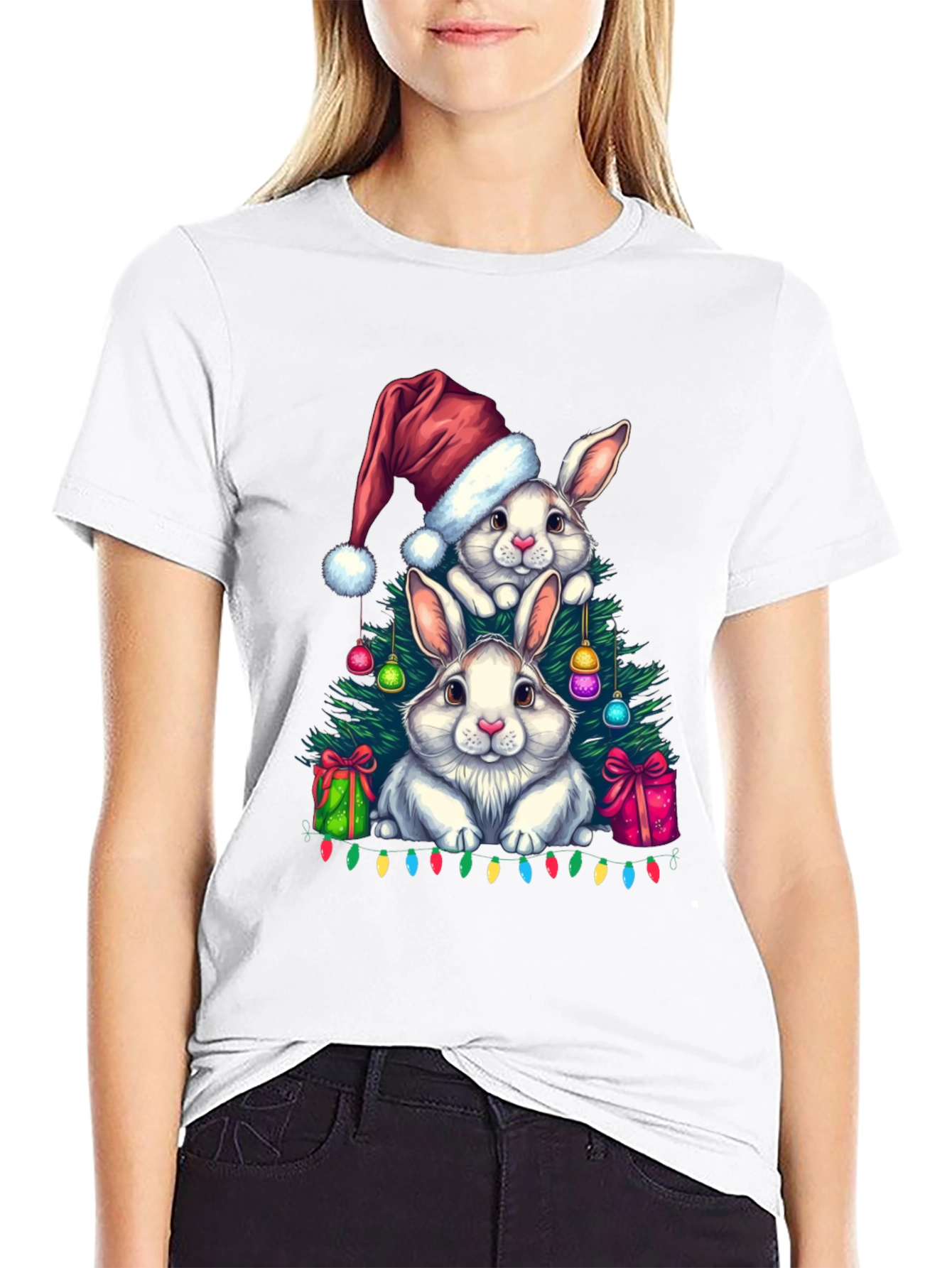 Black Christmas Bunny T-Shirt: Festive Holiday Rabbit Design view 9