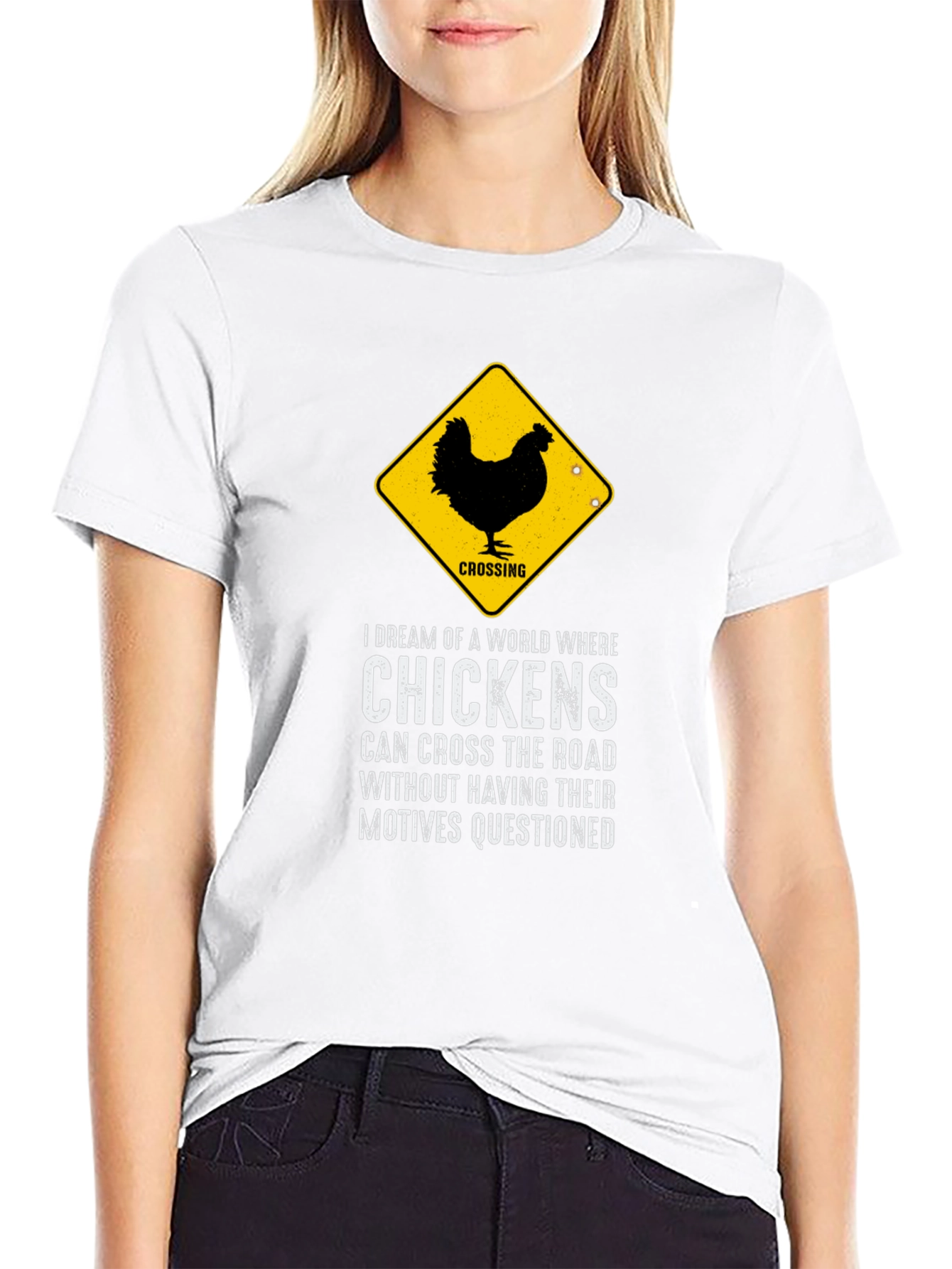 Black Chicken Crossing Graphic Tee - Funny Novelty T-Shirt view 9