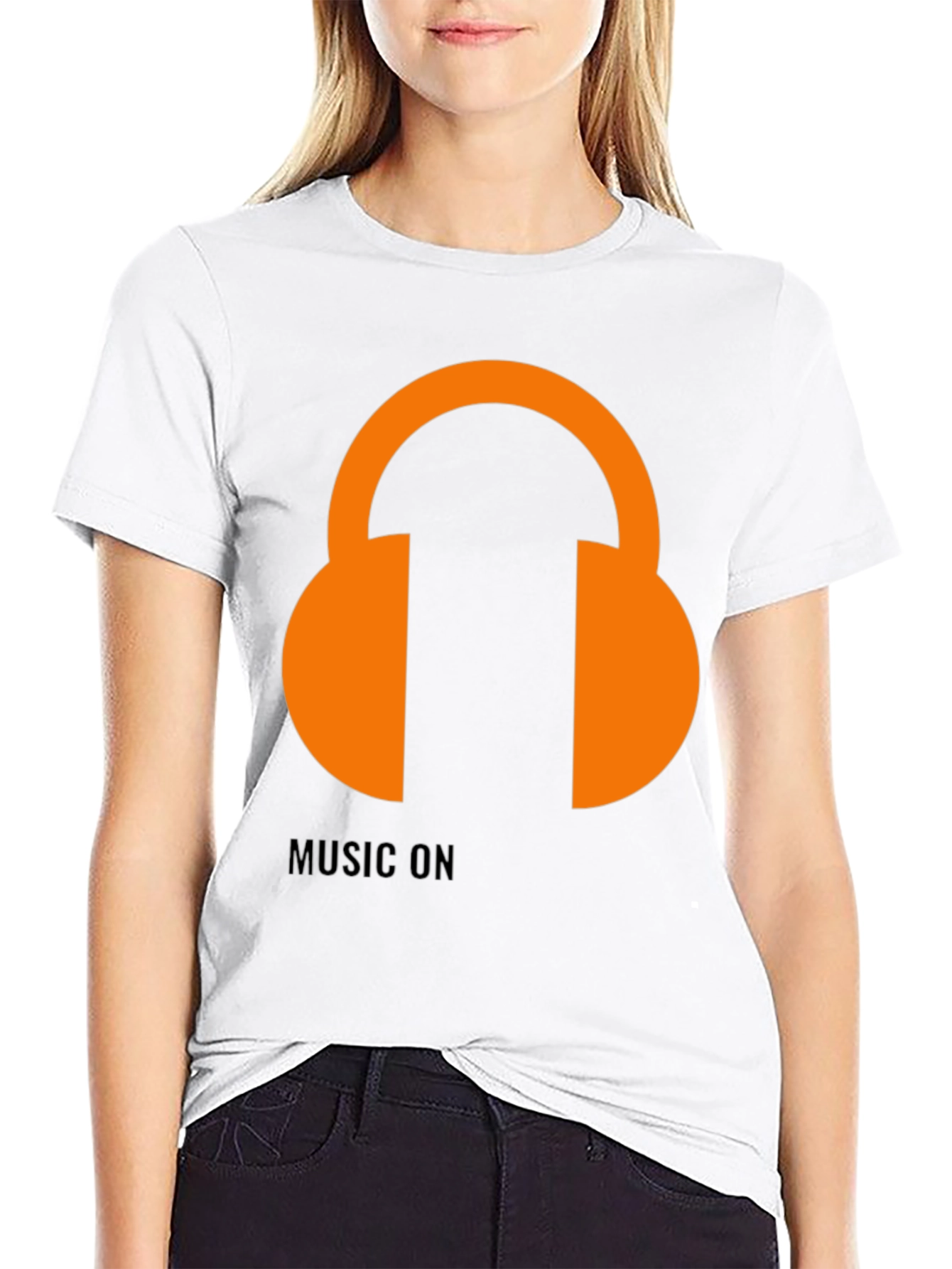 Black Music On T-Shirt: Orange Headphones Graphic Tee view 9