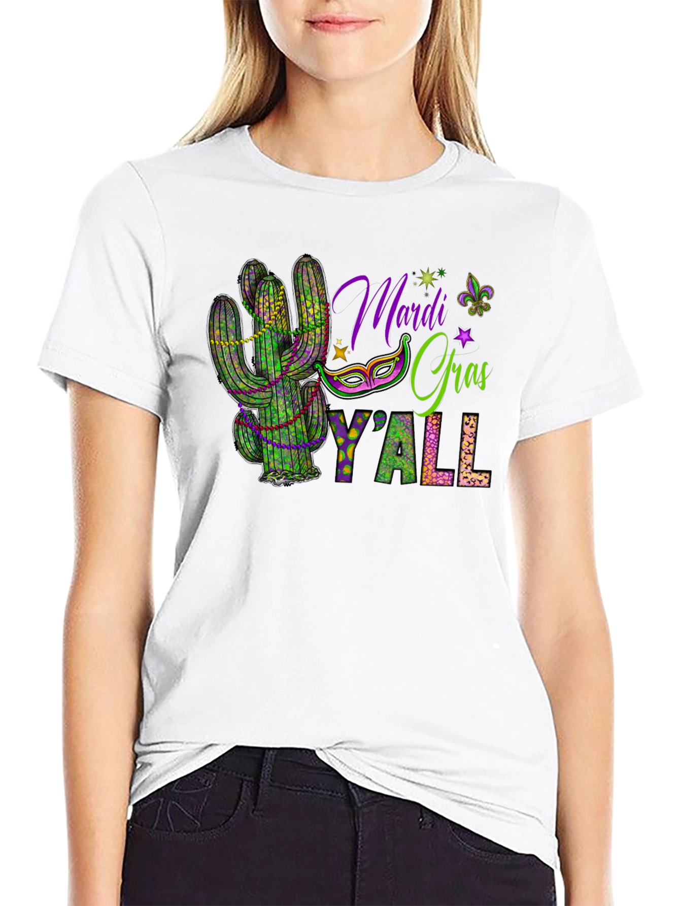 Black Mardi Gras Y'all Cactus T-Shirt view 9