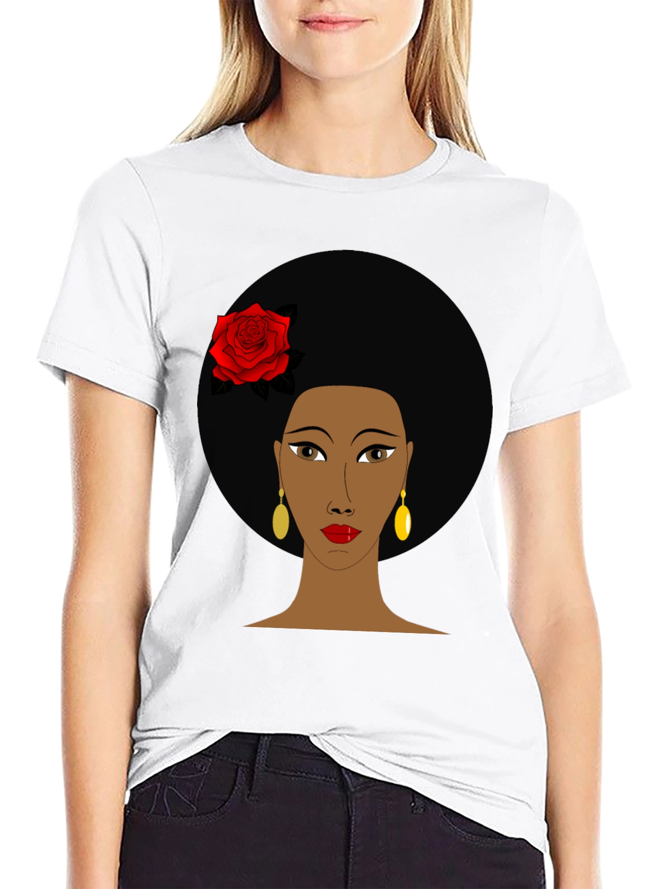 Black Afro Woman Rose Graphic Tee - Stylish Black T-Shirt view 9
