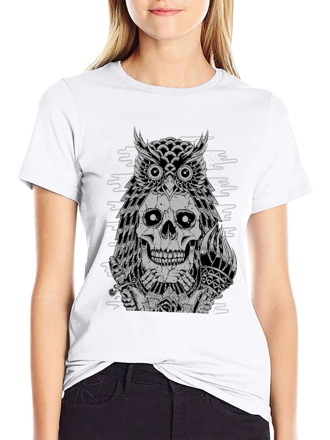 Black Owl Skull Graphic Tee - Black Cotton T-Shirt view 9
