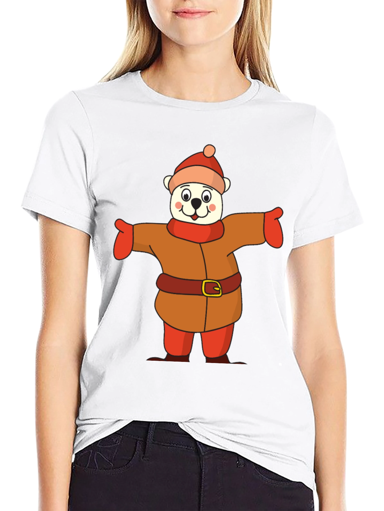 Black Cartoon Bear in Winter Outfit T-Shirt view 9