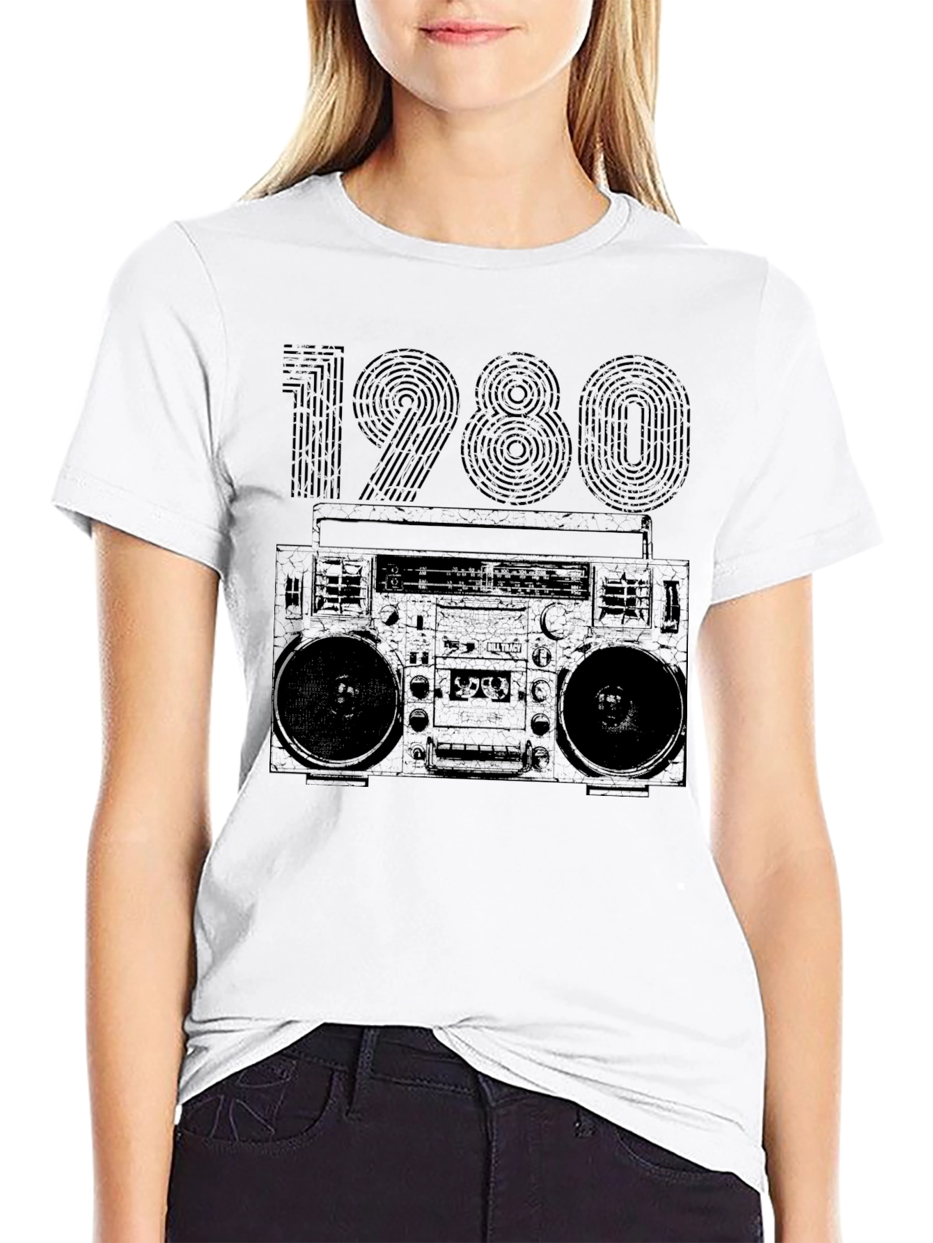Black Vintage 1980s Boombox Graphic T-Shirt view 9