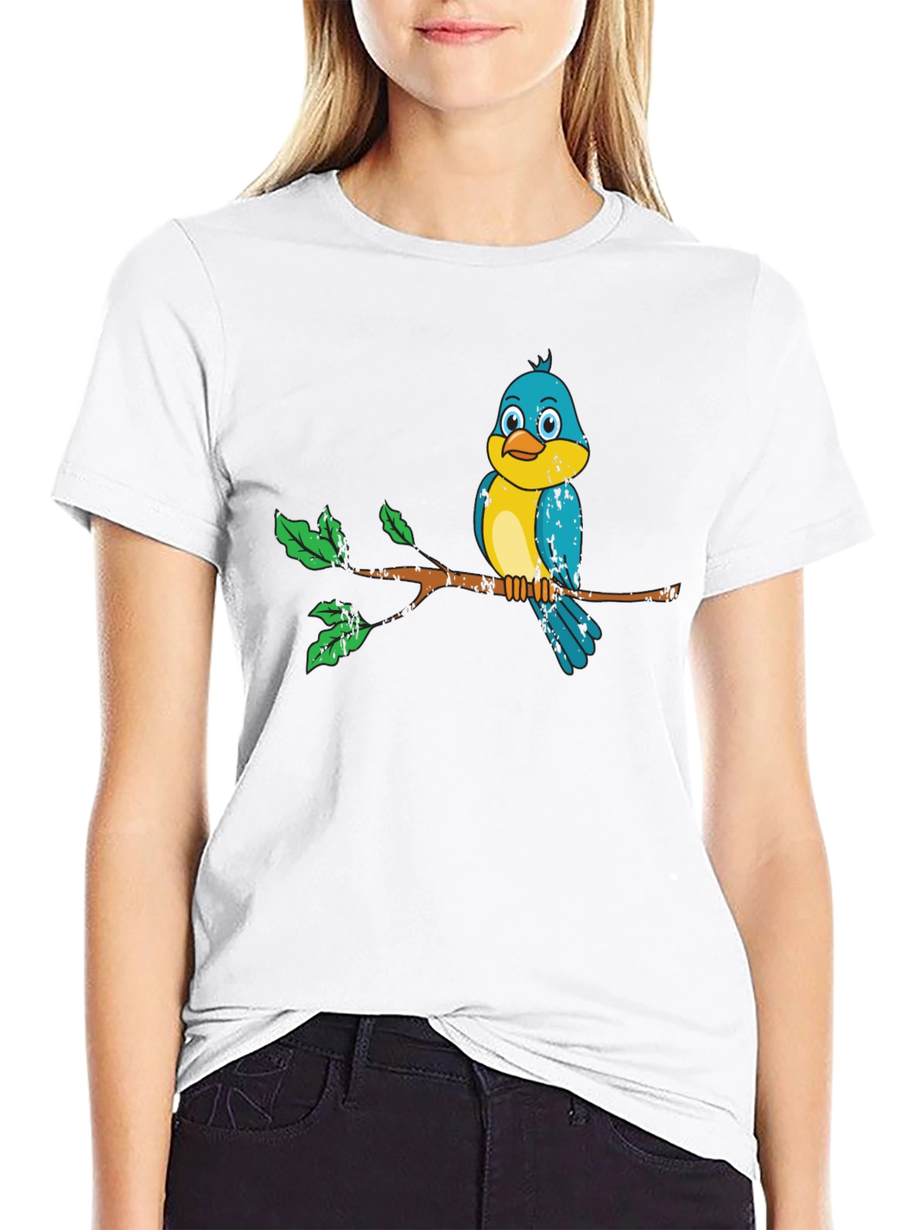 Black Cute Bird on Branch Graphic Tee - Unisex Black T-Shirt view 9