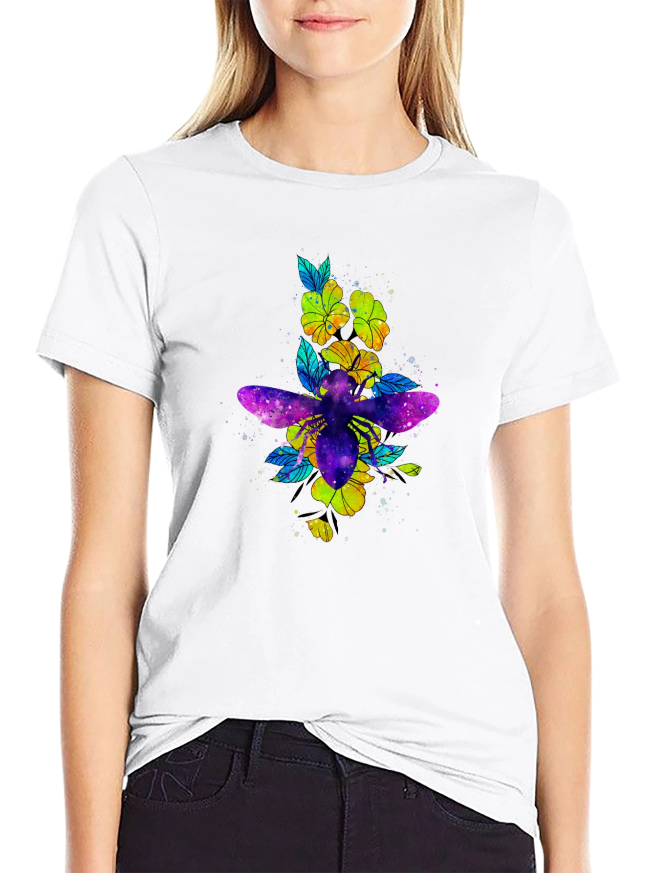 Black Galaxy Bee & Flower Graphic Print Black Tee view 9