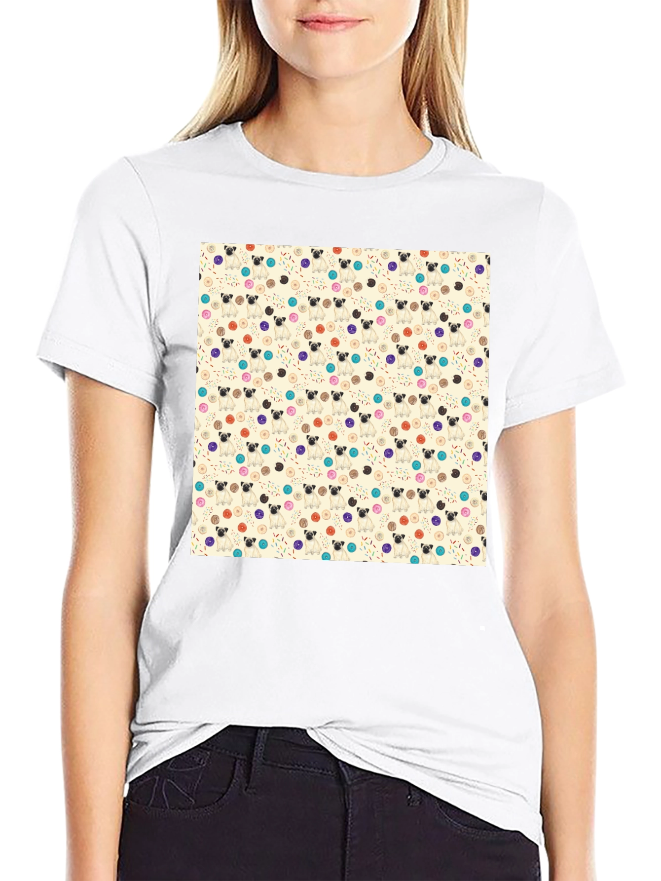 Black Pug & Donut Pattern Tee - Trendy Graphic T-Shirt view 9